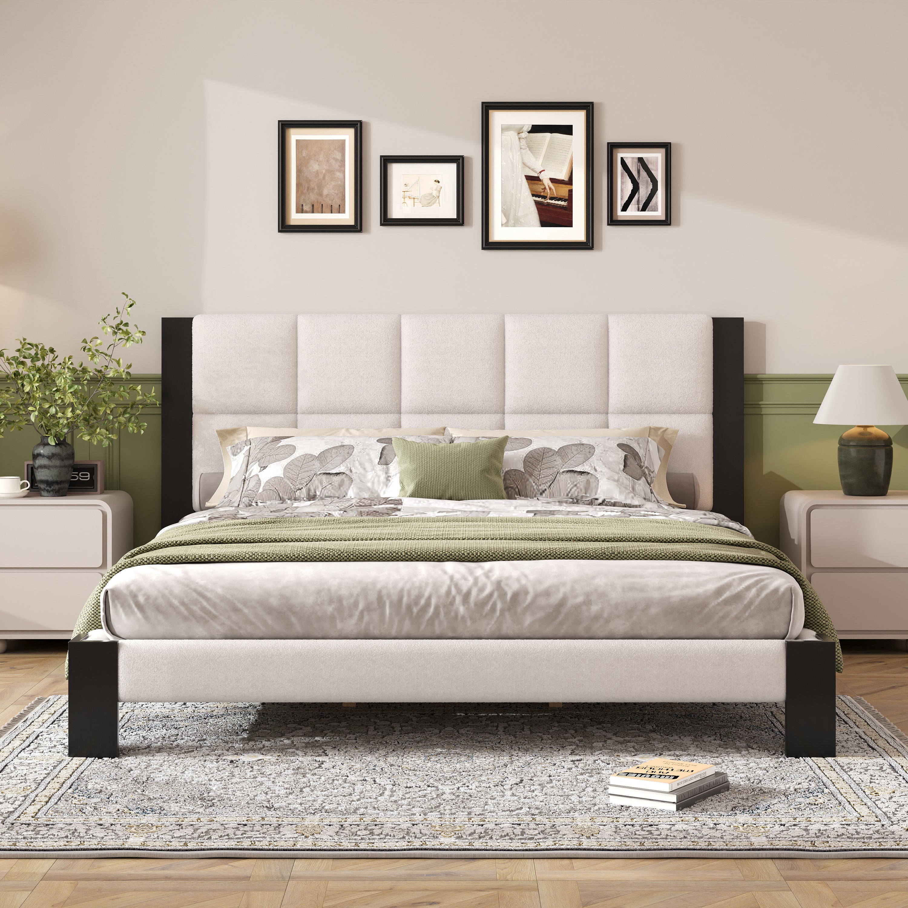 Boucle Cal King Bed frame with Cube headboard ,BEIGE + BLACK
