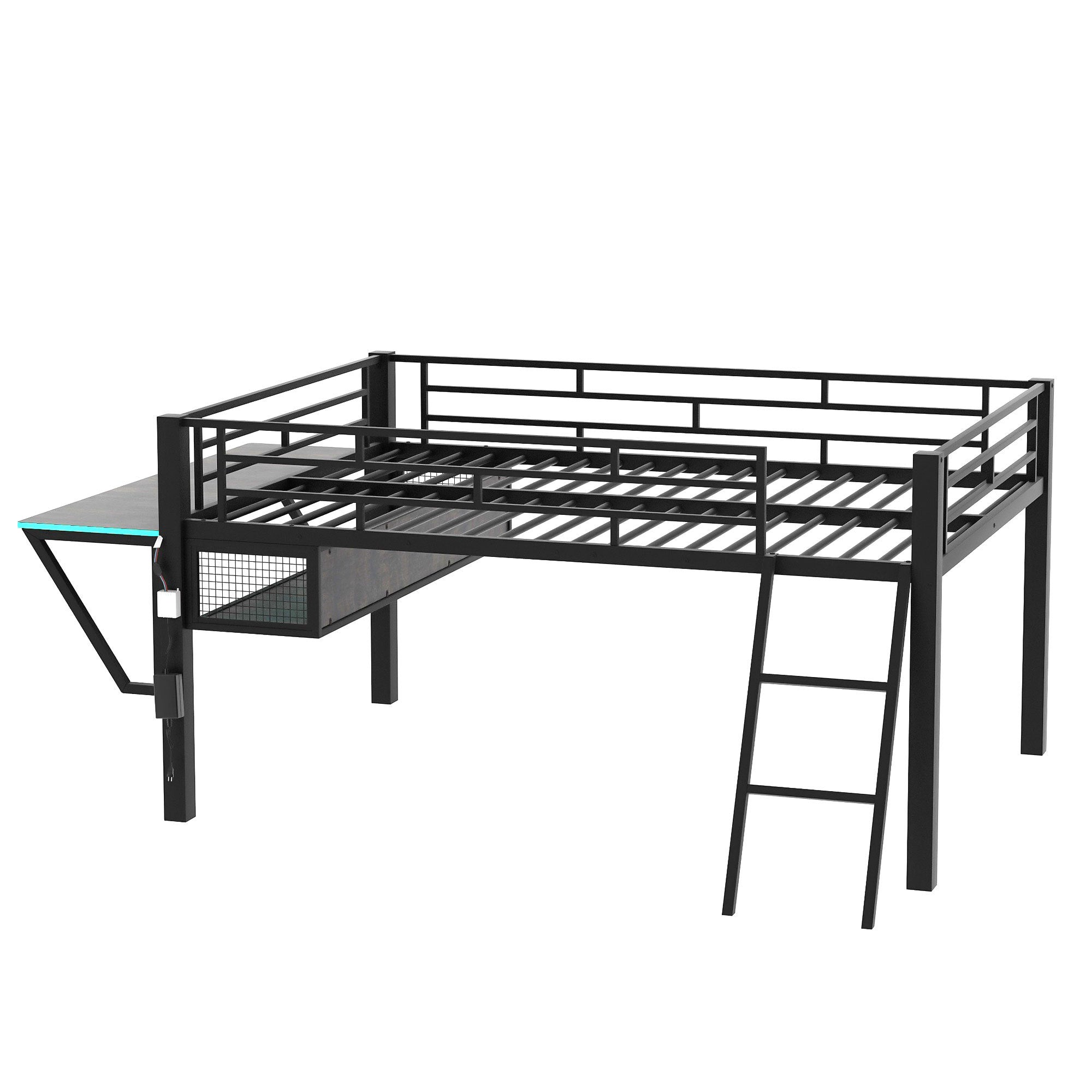 Modern Gaming Mid Loft Bed with Desk and LED Lights, Full Size, Black Metal and MDF Construction