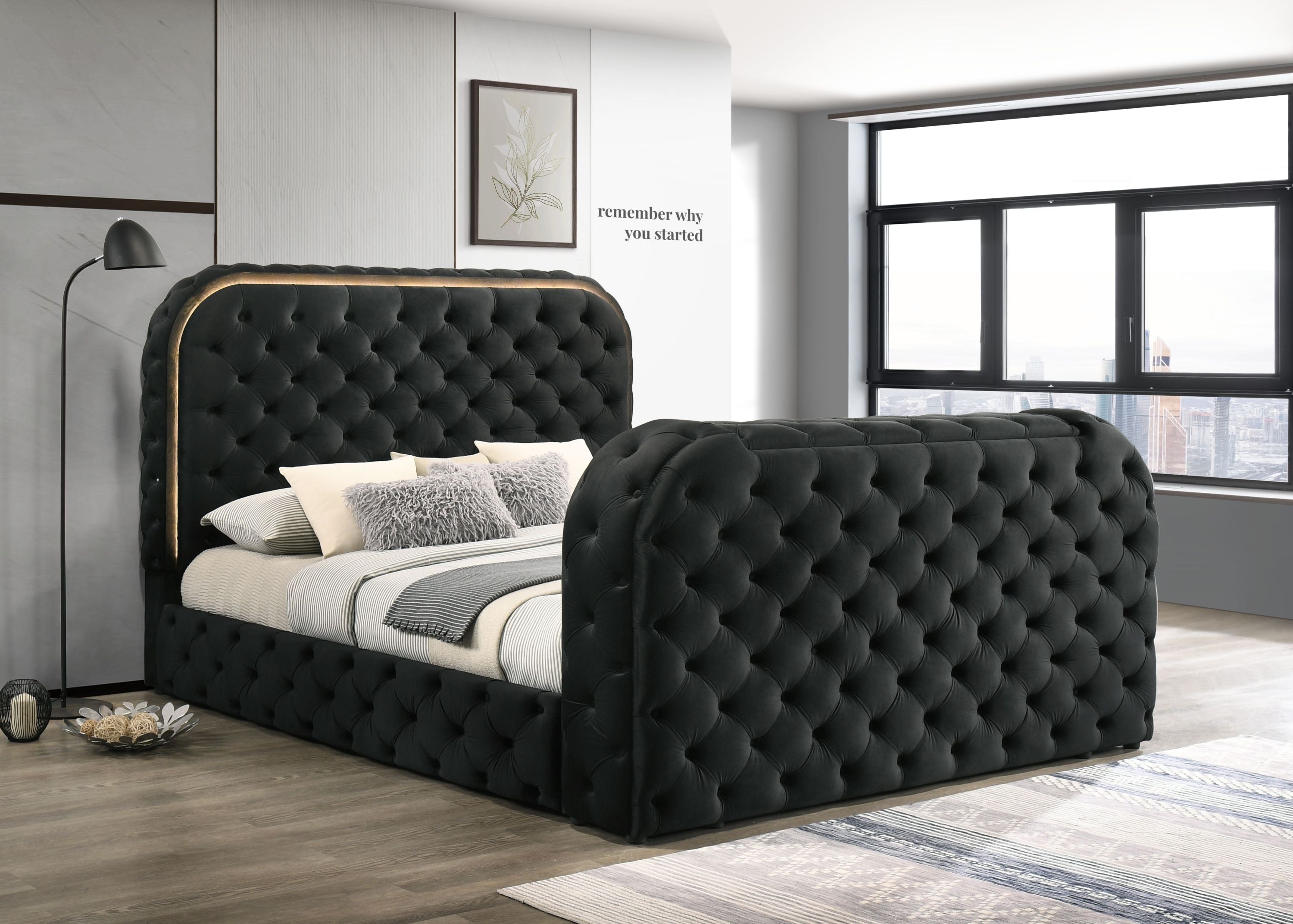 Kana Black Upholstery Velvet Queen Bed w/LED, Fireplace & TV Stand