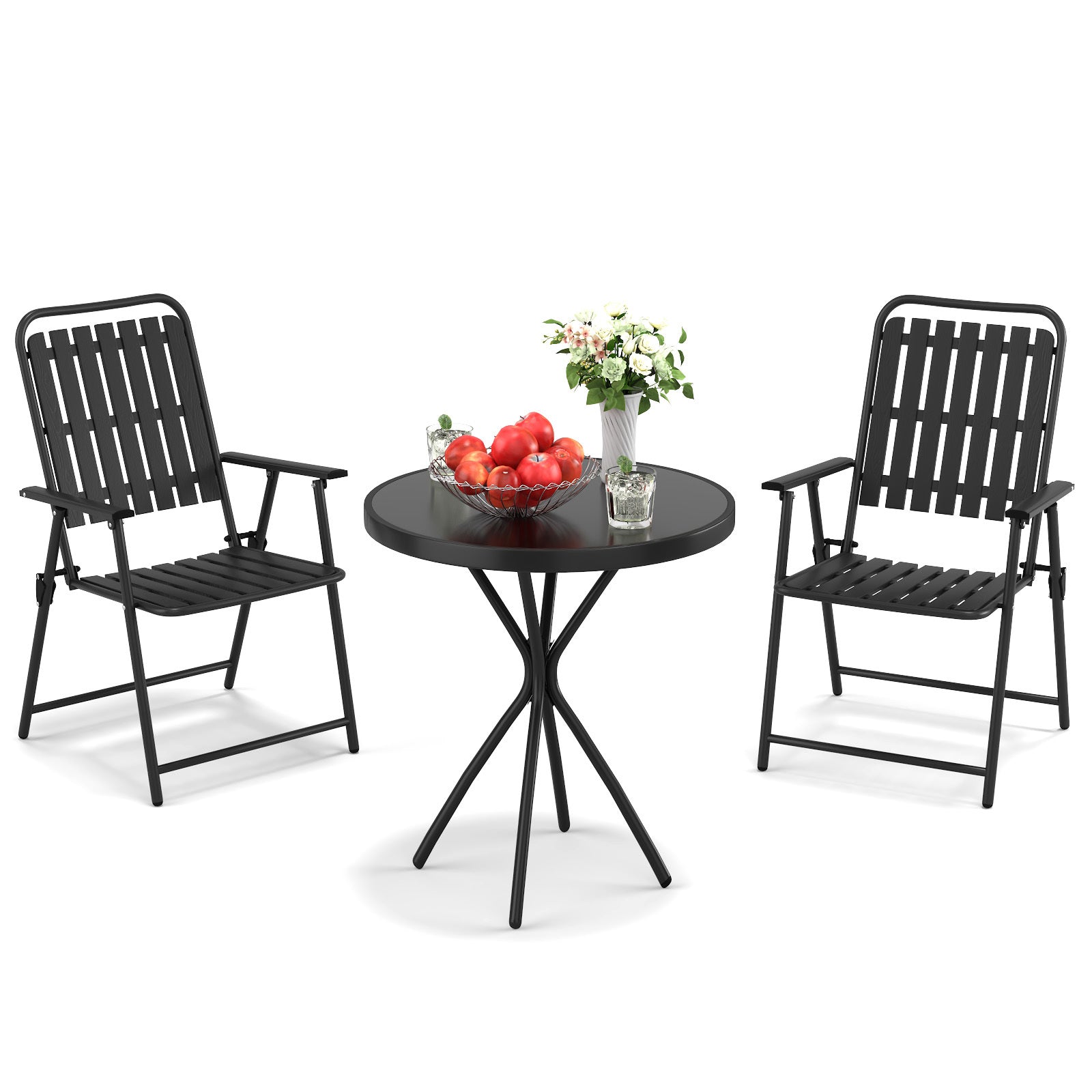 3-Piece Outdoor Patio Furniture Set, 2chairs/table, Foldable Powder-Coated Metal Chair & Tempered Glass Side Table - 350lb Capacity, Weather-Resistant for Balcony, Garden, Terrace, Black