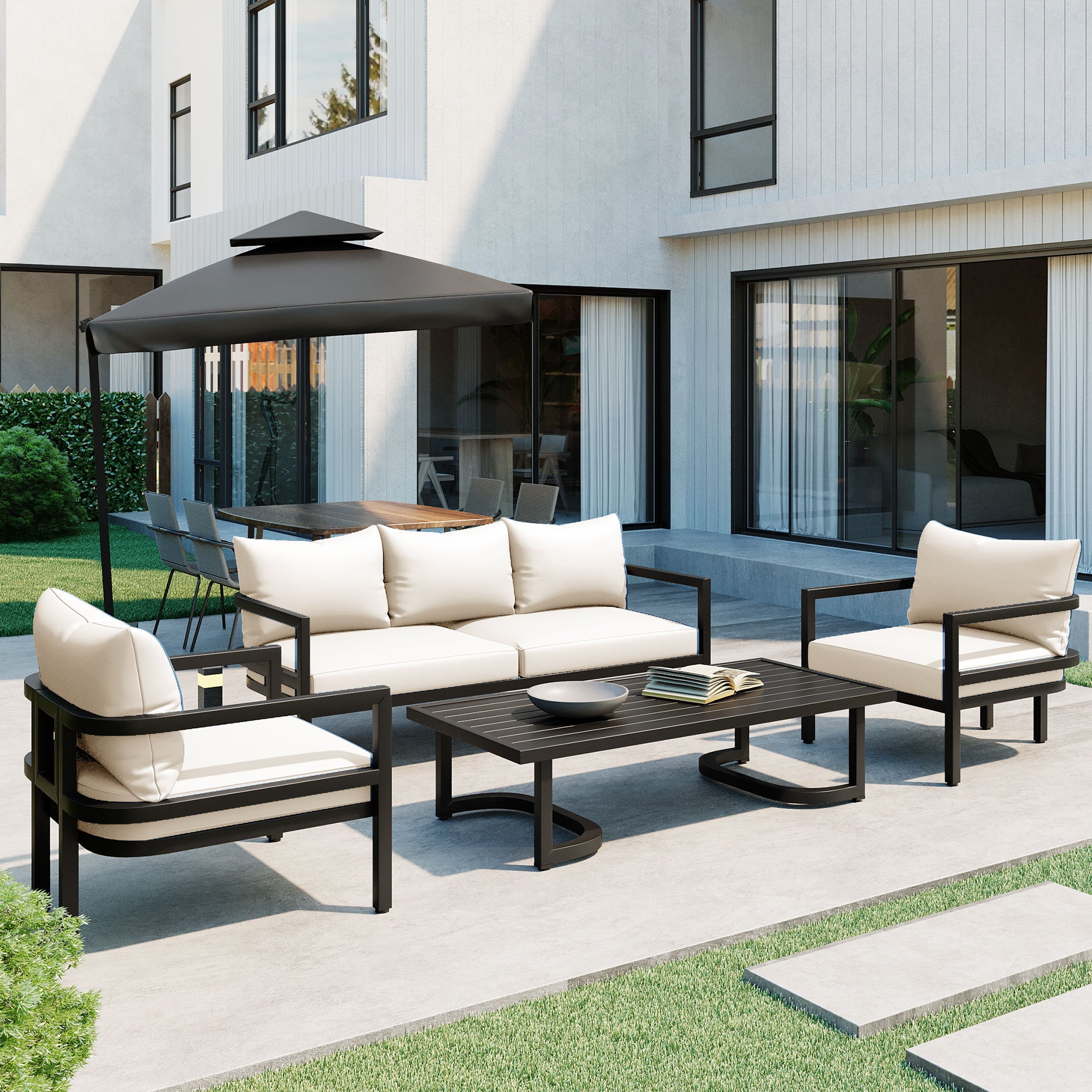 U_Style Multi-Person Outdoor Steel Sofa Set with Coffee Table, Waterproof & Anti-Rust Patio Seating, UV-Resistant Cushions for Garden, Lawn & Backyard