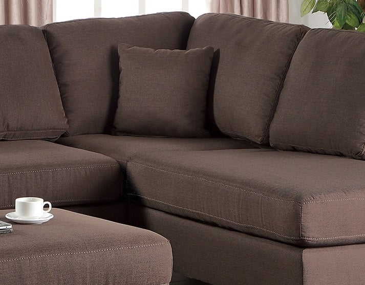 Reversible Chocolate Color 3pcs Sectional Linen Like Fabric Cushion Couch