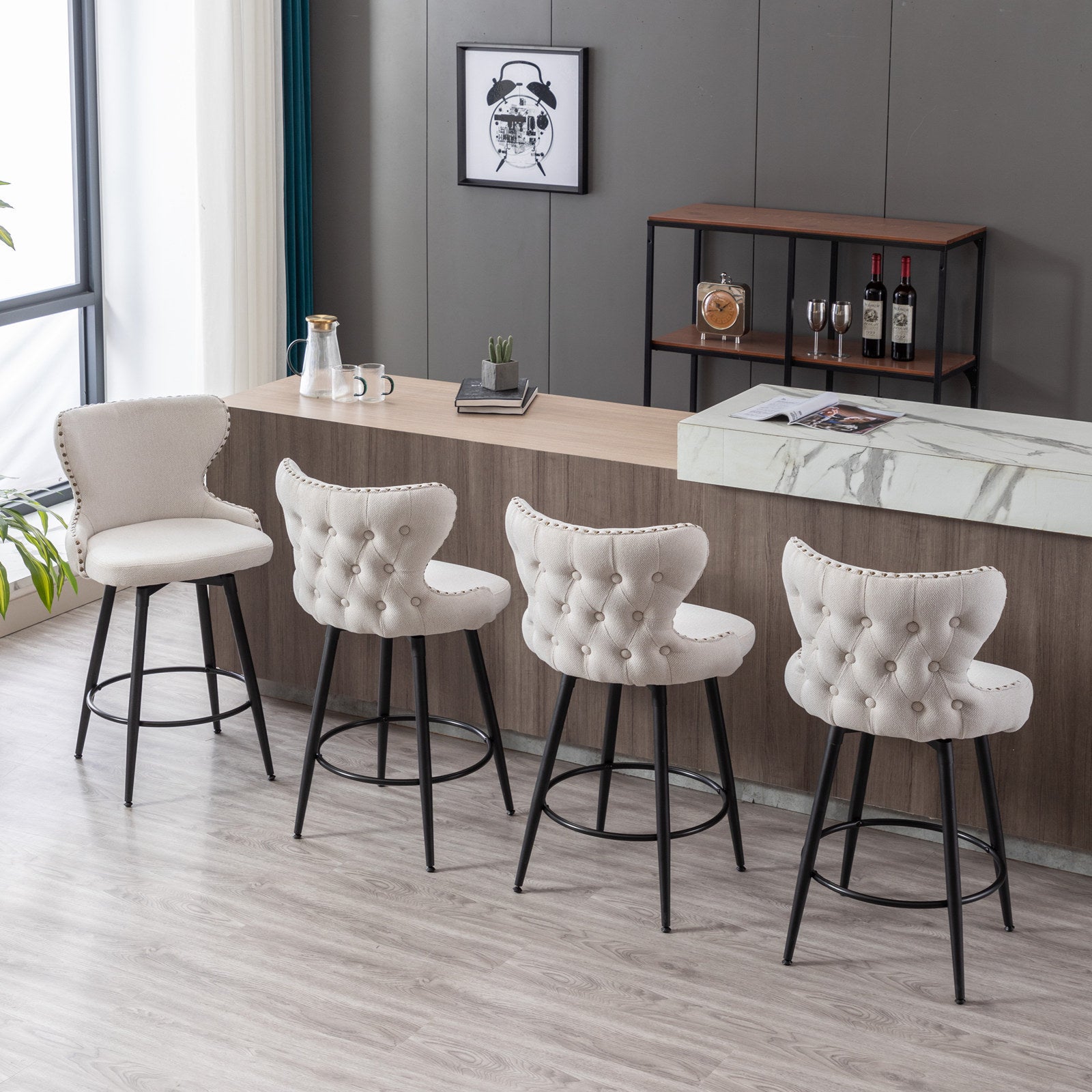 A&A Furniture,Counter Height 25" Modern Linen Fabric bar chairs,180° Swivel Bar Stool Chair for Kitchen,Tufted Cupreous Nailhead Trim Burlap Bar Stools with Metal Legs,Set of 2 (Beige)