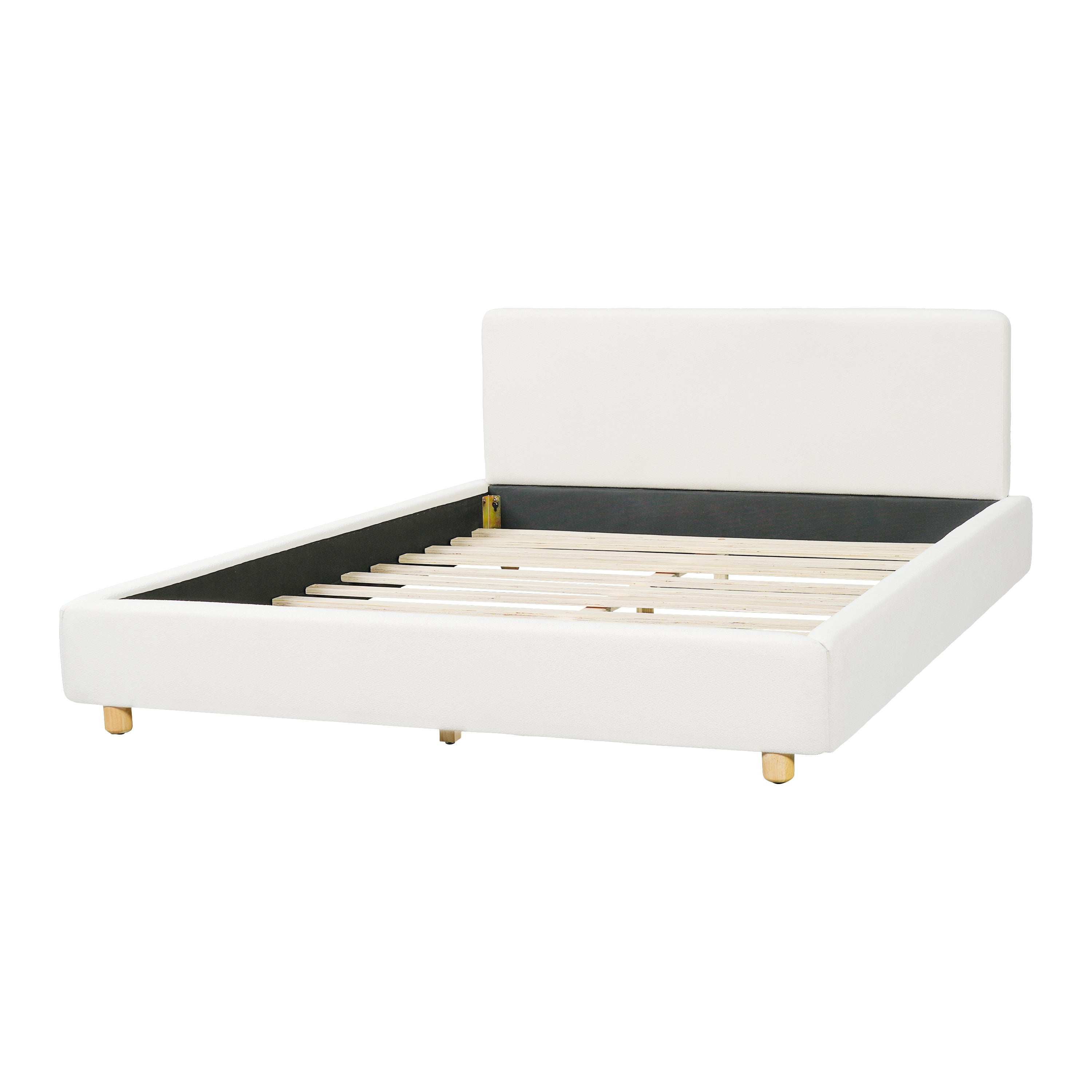 Modern White Boucle Upholstered Queen Platform Bed Frame with Thick Headboard, Wood Slats Support, No Box Spring Needed, Easy Assembly