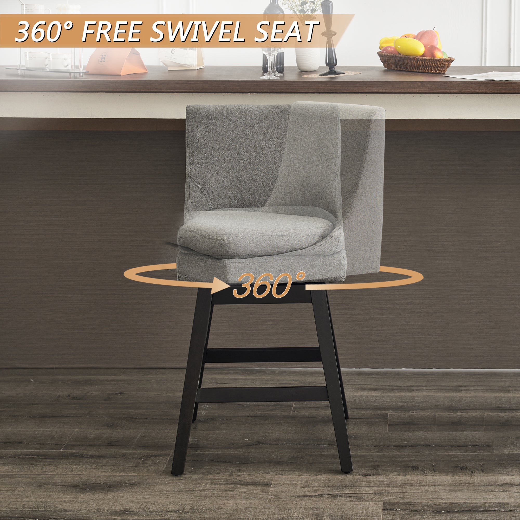 26" Upholstered Swivel Bar Stools Set of 2, Modern Linen Fabric High Back Counter Stools with Ergonomic Design and Wood Frame