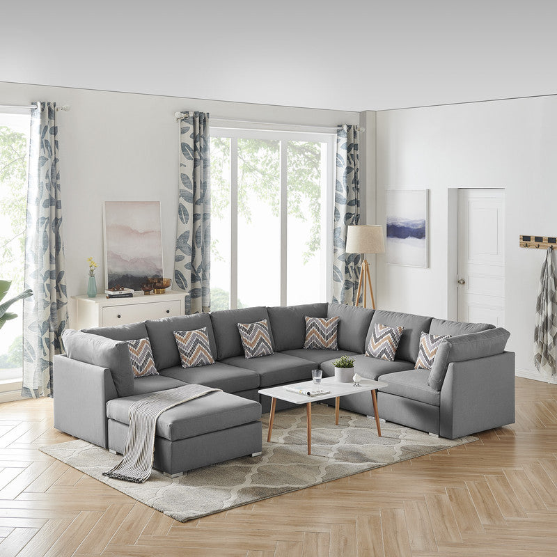 Amira 120.5" Gray Fabric Reversible Modular Sectional Sofa with Ottoman and Pillows