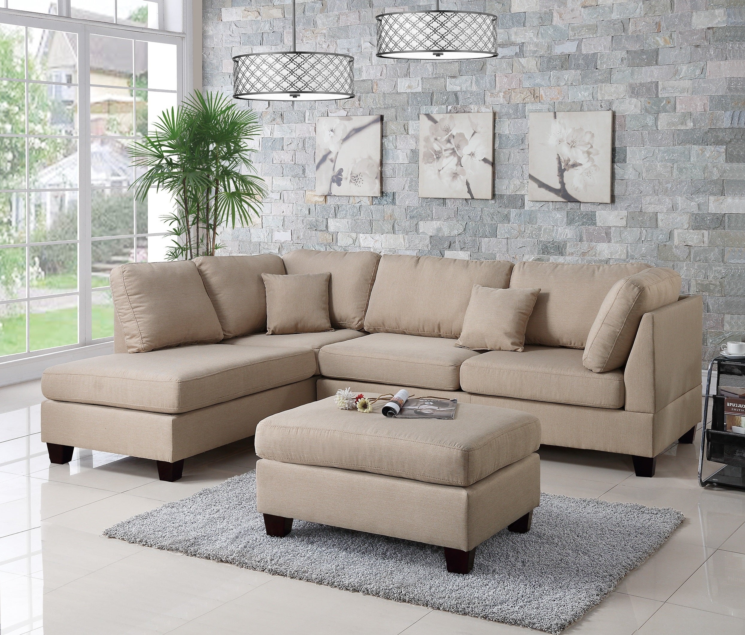 Sand Color Linen Like Fabric 3pcs Sectional Reversible