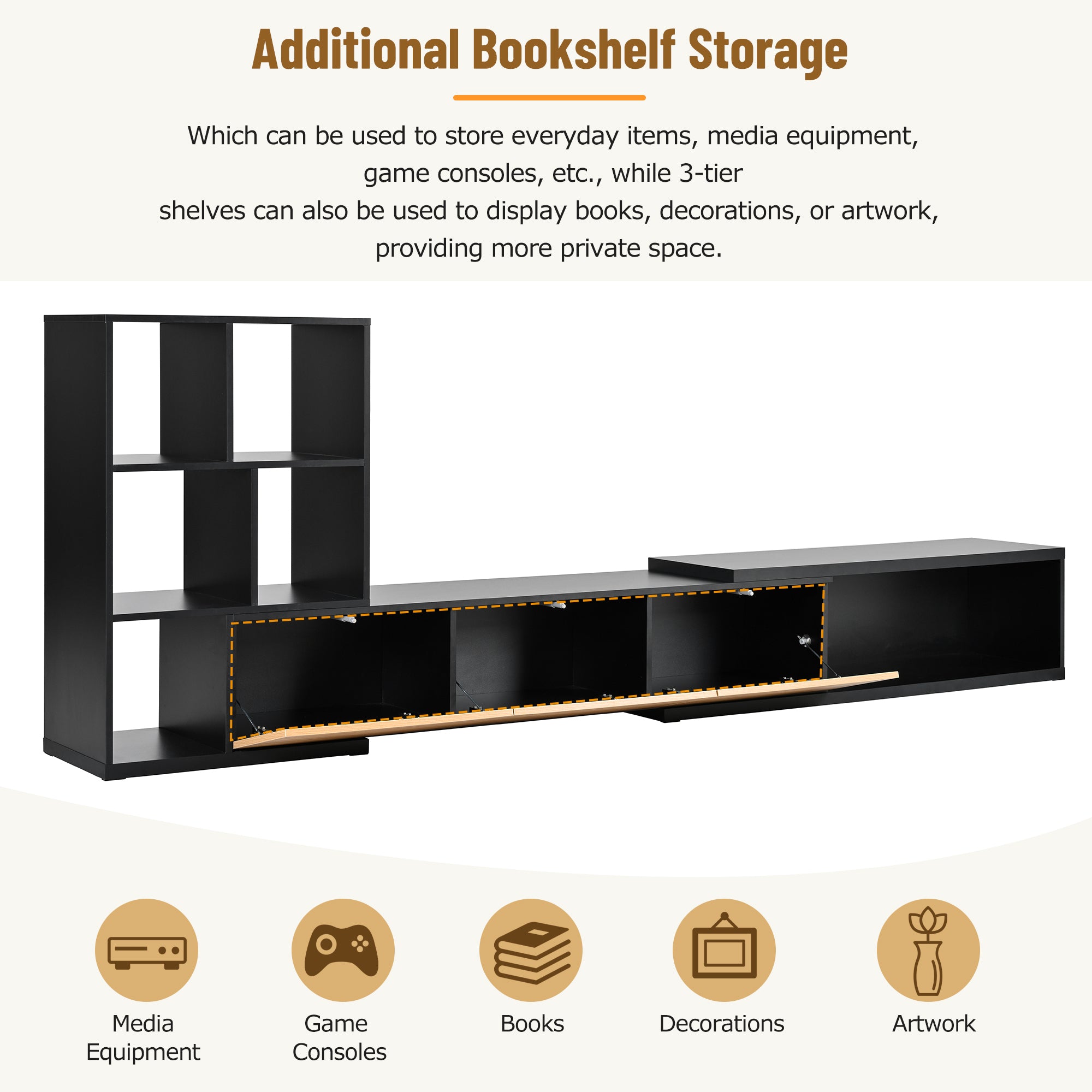 [VIDEO provided] ON-TREND Extendable TV Stand and Coffee Table, Set of 2, Media Console with 3 Tier Bookshelves for TVs up to 110'', Dual-tone Center Table with Sliding Tabletop for Living Room, Black