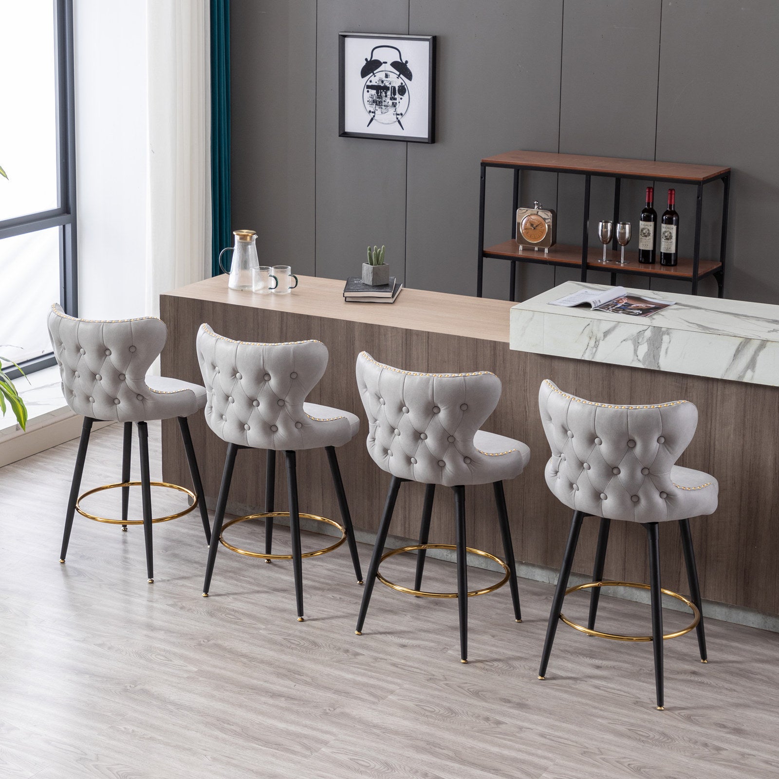 A&A Furniture,Counter Height 25" Modern Leathaire Fabric bar chairs,180° Swivel Bar Stool Chair for Kitchen,Tufted Gold Nailhead Trim Bar Stools with Metal Legs,Set of 2 (Light Gray)
