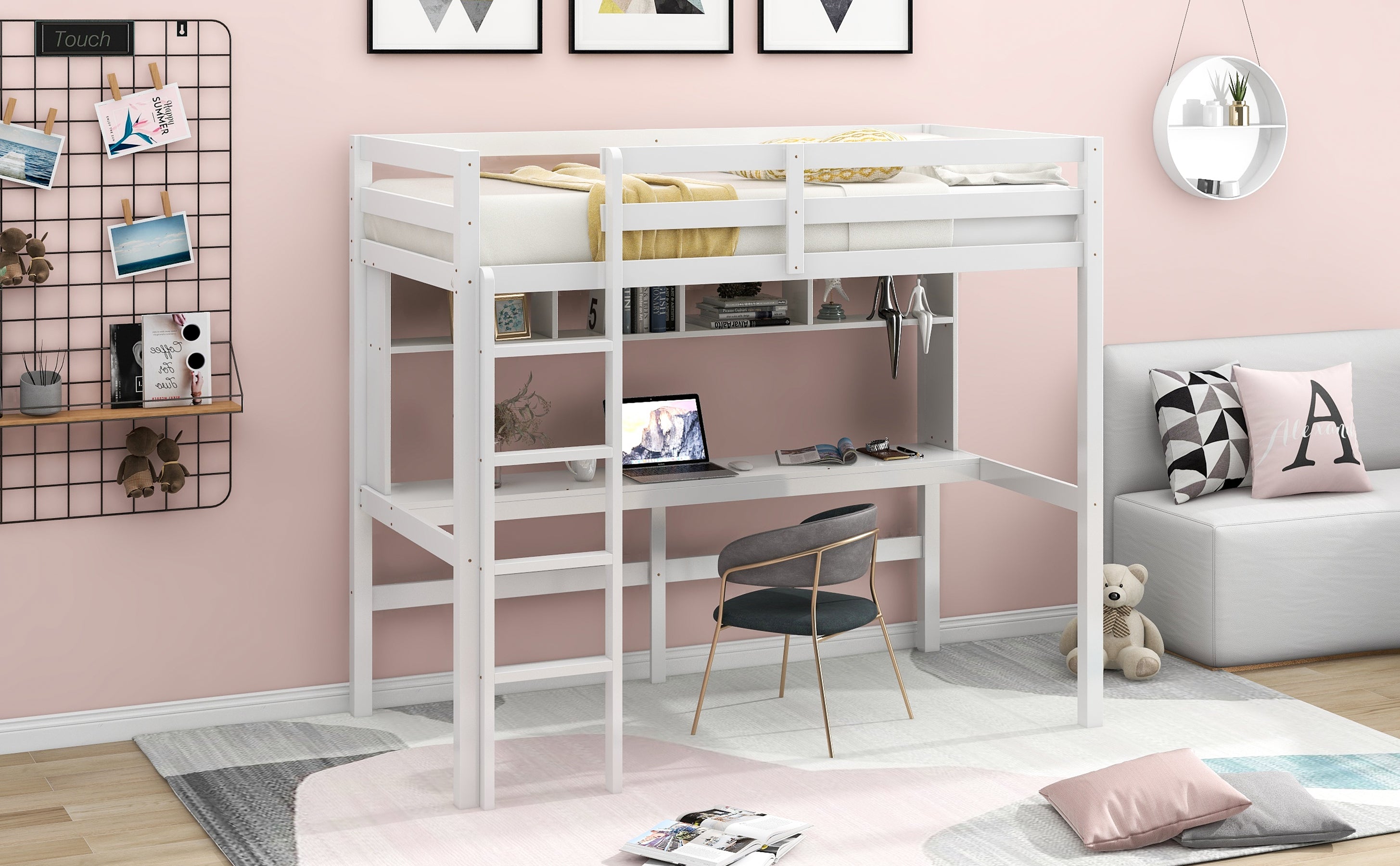 Twin Size Loft Bed with Convenient Desk, Shelves, and Ladder, White(Similar SKU:SM001302AAK)