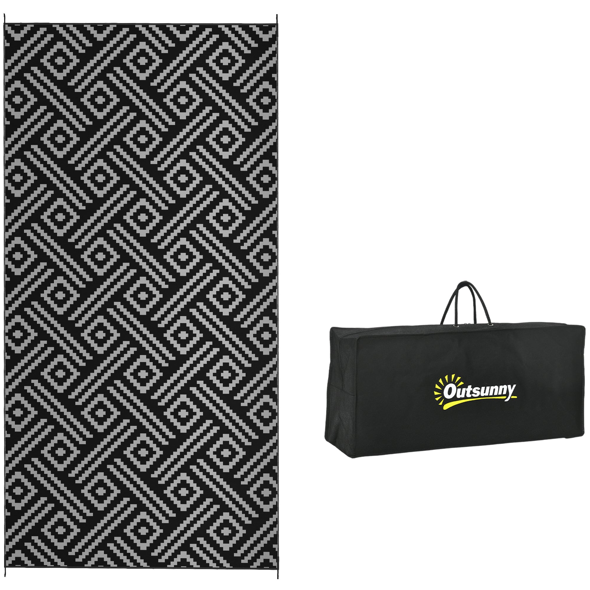 Outsunny Reversible Outdoor Rug, 9' x 18' Waterproof Plastic Straw Floor Mat, Portable RV Camping Carpet with Carry Bag, Large Floor Mat for Backyard, Deck, Picnic, Beach, Black & Gray Geometric