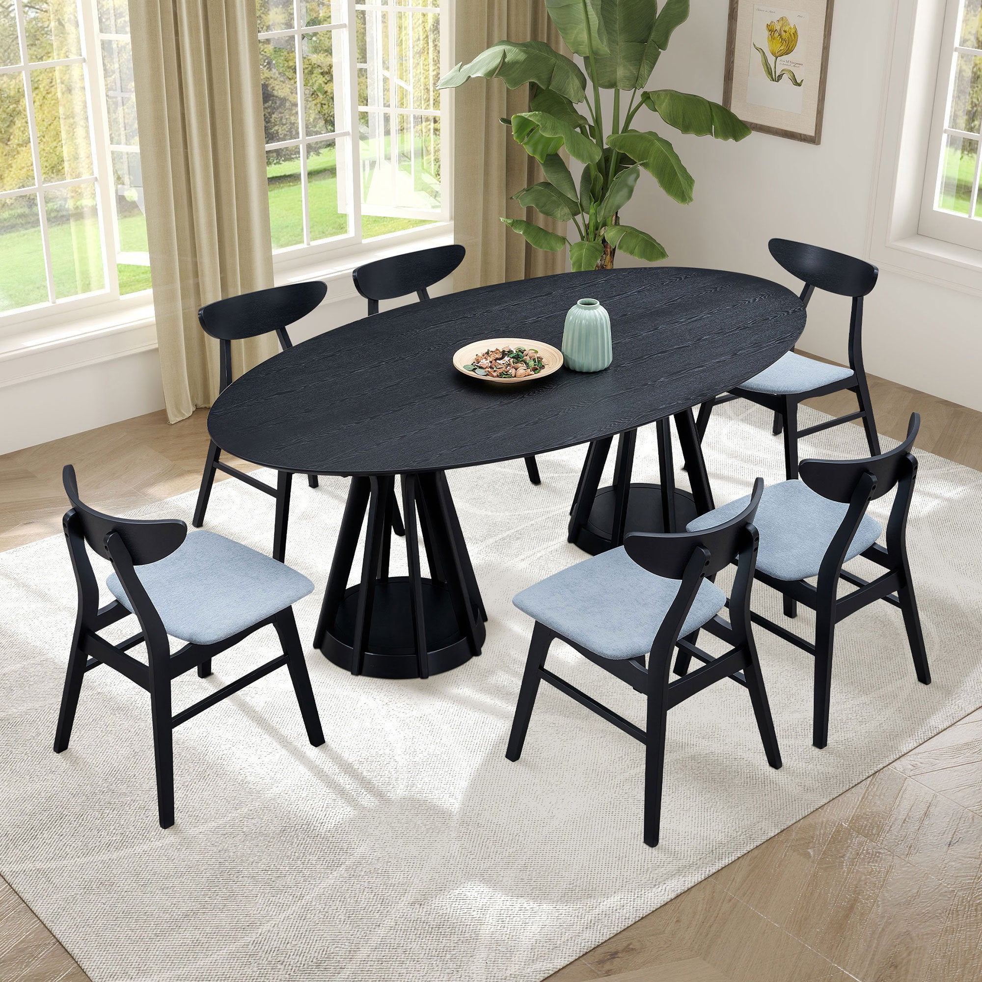 (1 Table+6 Chairs) 78.74 Inch Modern Dining Table Set of 7 pcs,Wooden Table and Chairs for Living Room,Large Kitchen Set Oval Table for Restaurant,Black