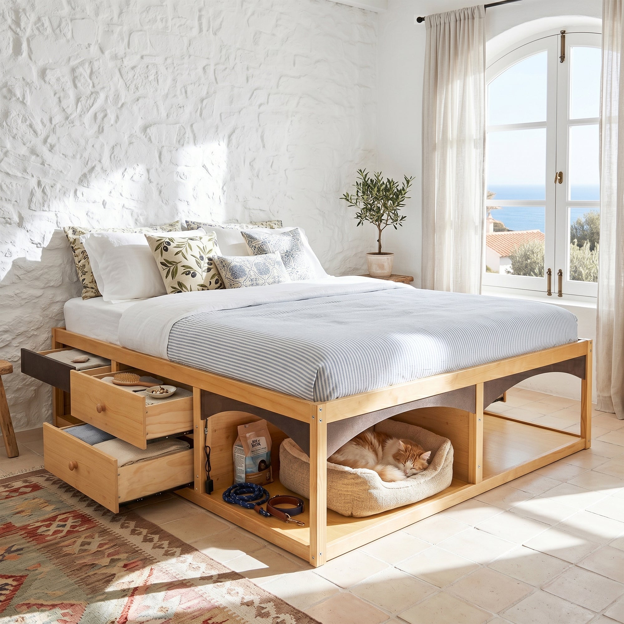 King Bed Frame with Storage Drawers, No Headboard Platform Bed with Light, Pet-Friendly Design, No Box Spring Needed, Modern Minimalist Style-Natural