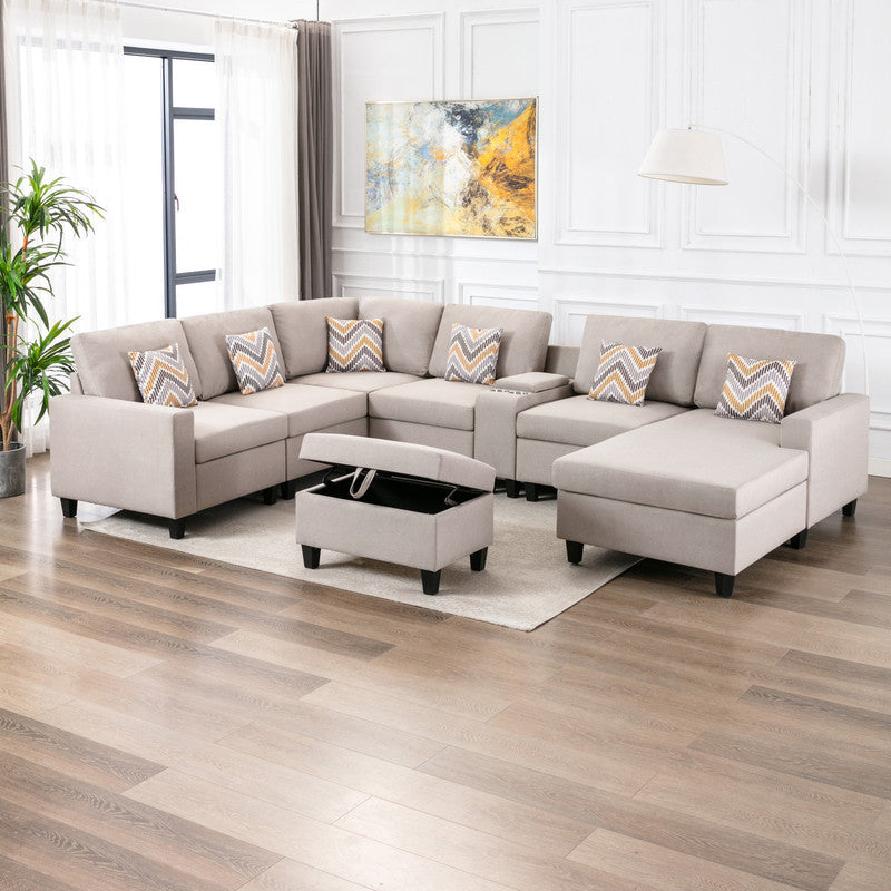 Nolan Beige Linen Fabric 8Pc Reversible Chaise Sectional Sofa with Interchangeable Legs, Pillows, Storage Ottoman, and a USB, Charging Ports, Cupholders, Storage Console Table