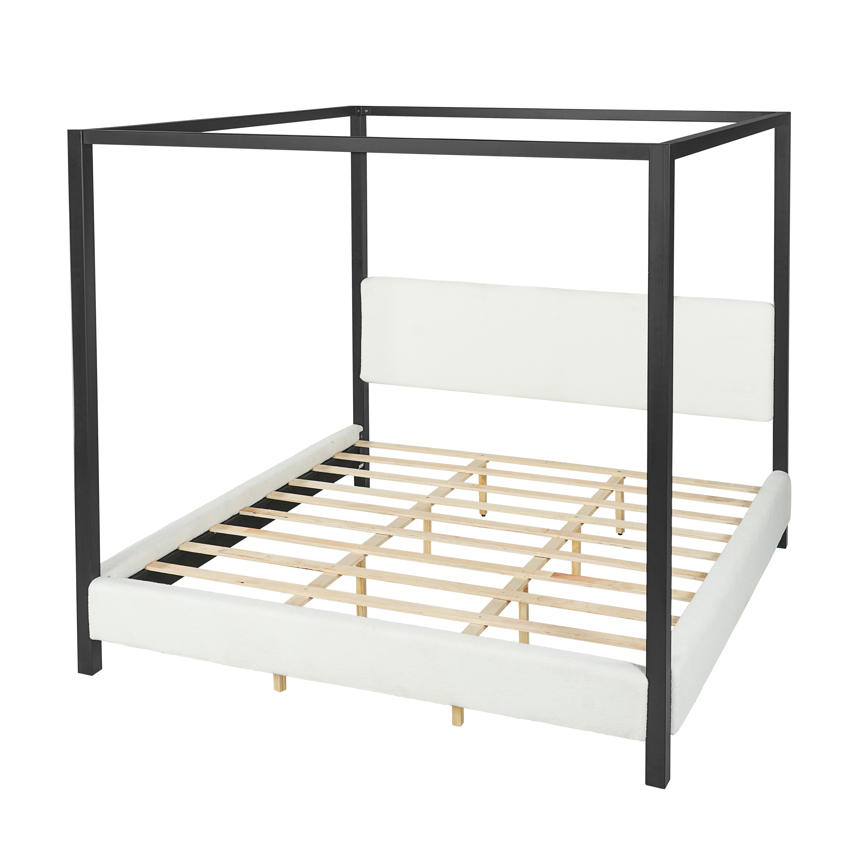 Modern Black Metal Canopy Bed with Plush White Bouclé Upholstery, King