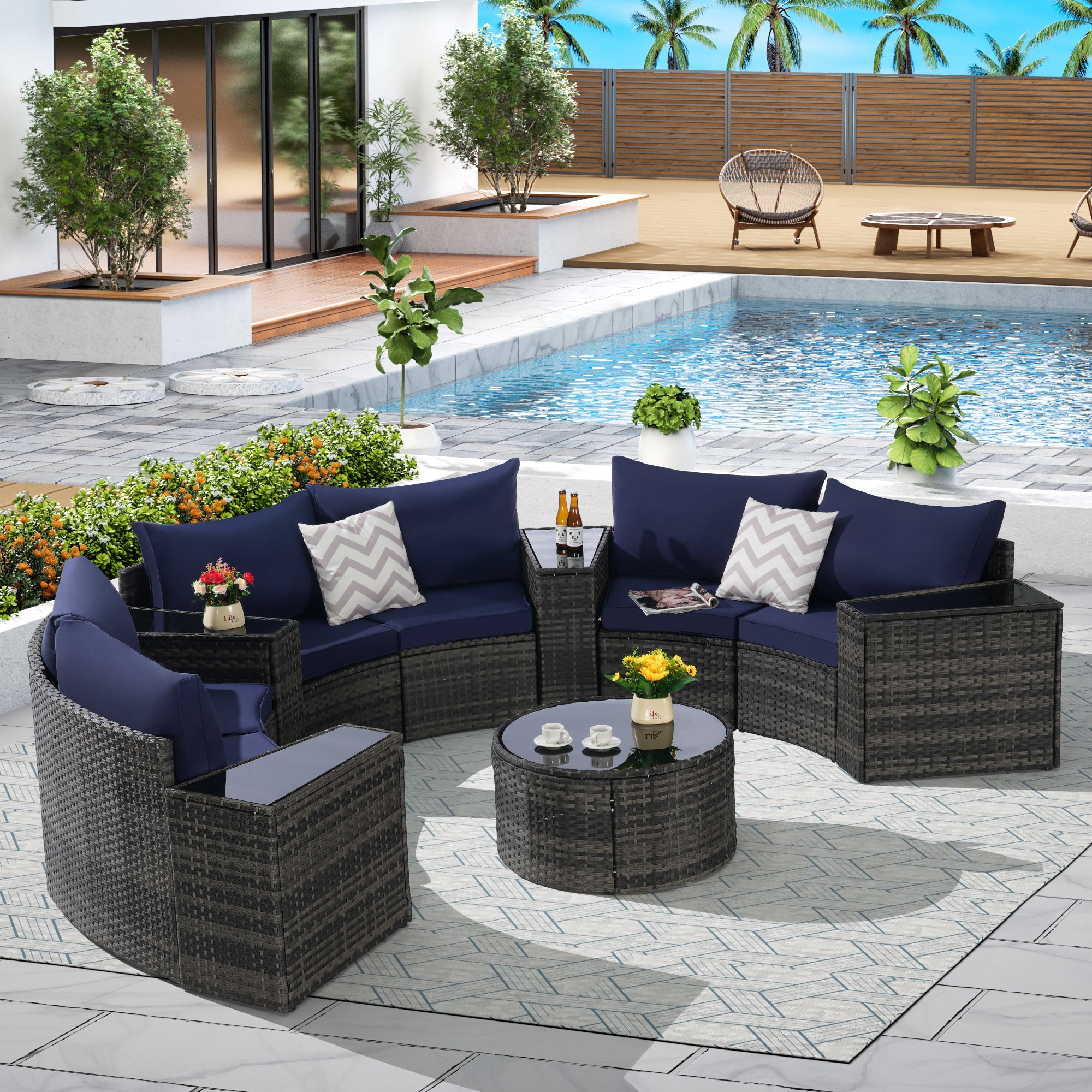 Outdoor Patio Furniture 11-Piece Half-Moon Sectional Round Patio Furniture Set Sofa with Tempered Glass Round Coffee Table