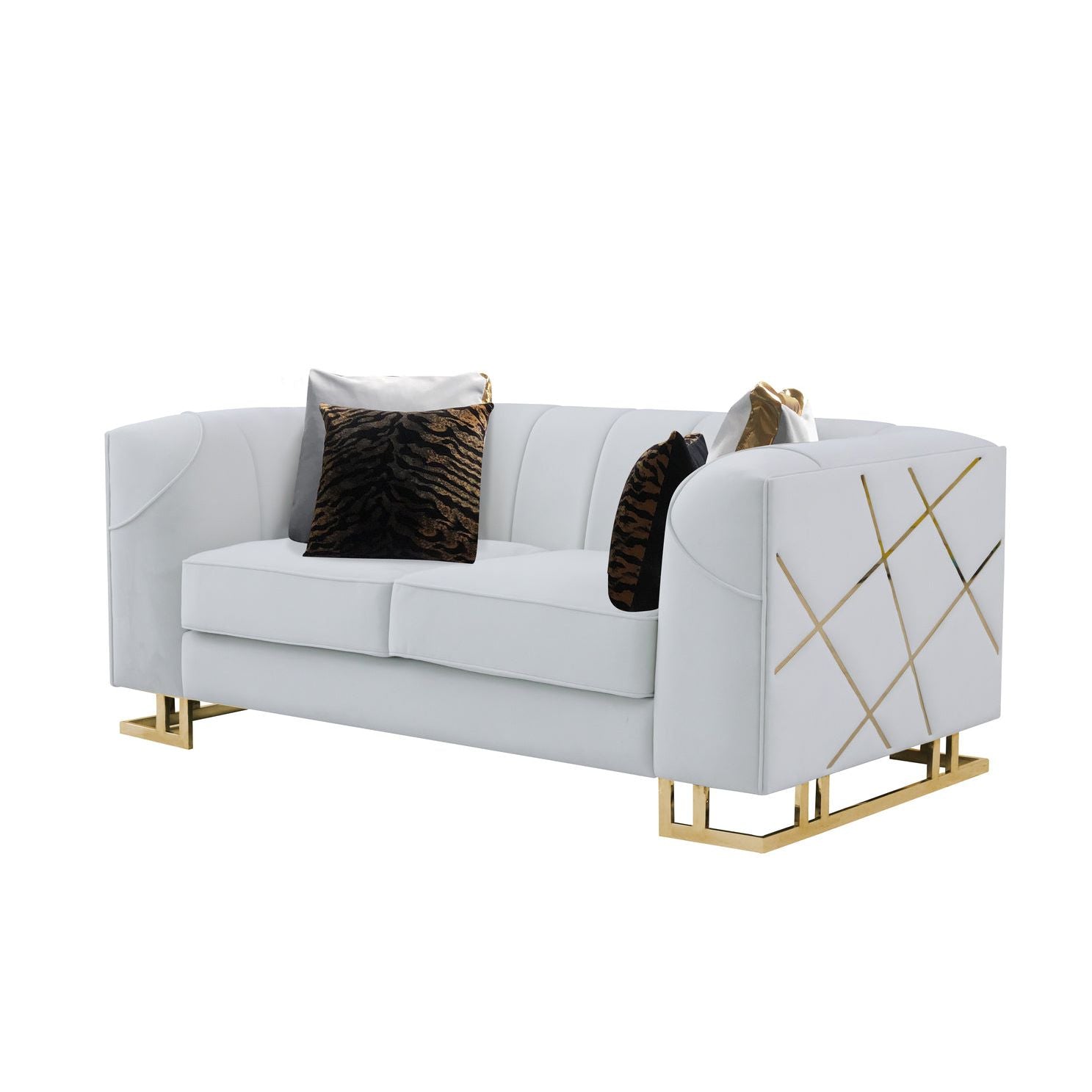 Designer Off White Velvet Sofa and Loveseat Set with Gold Accents, view 2