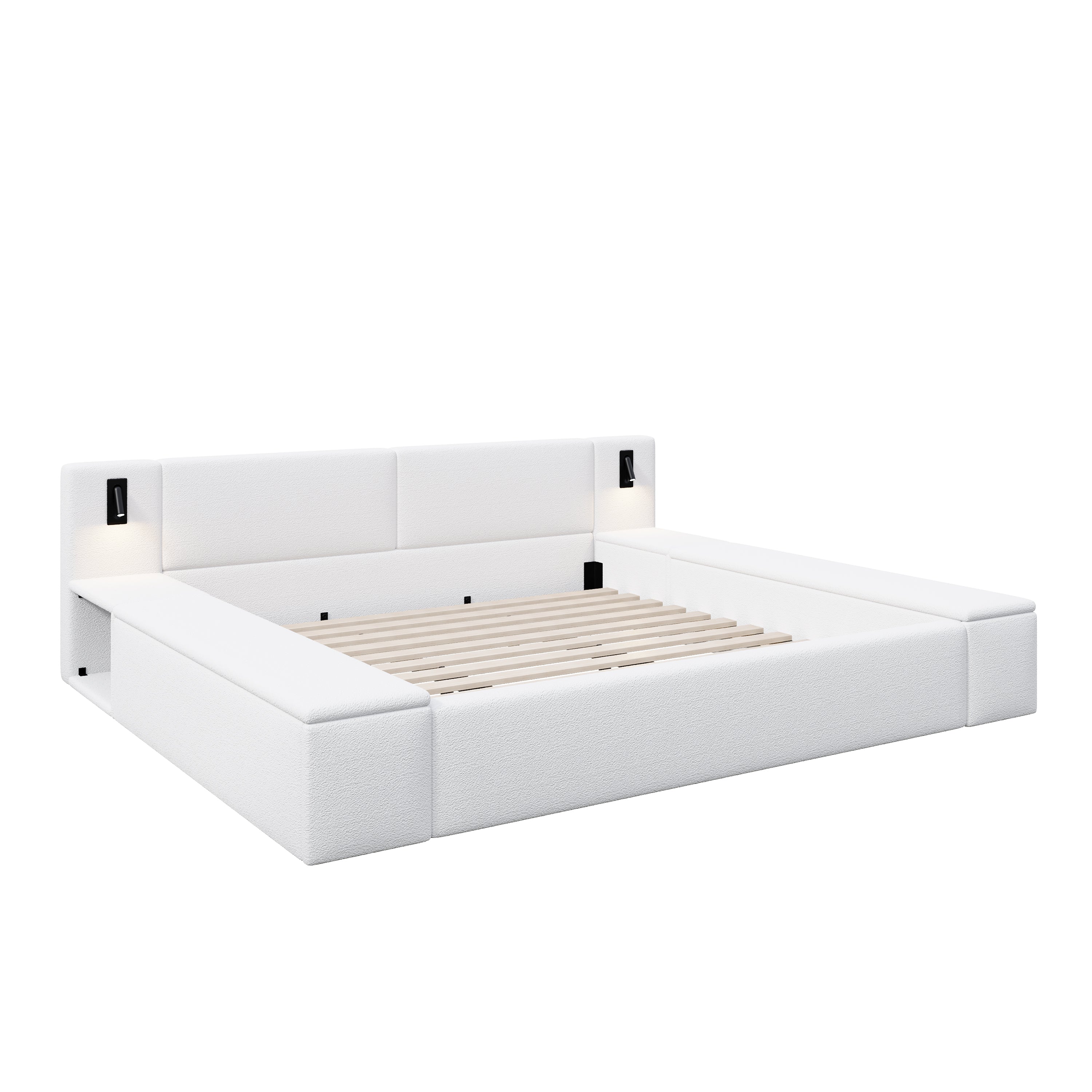 Modern White Teddy Fleece Upholstered King Platform Bed Frame with Hidden Storage, Built-in Nightstands & LED Reading Lights, Wood Slats, No Box Spring Needed