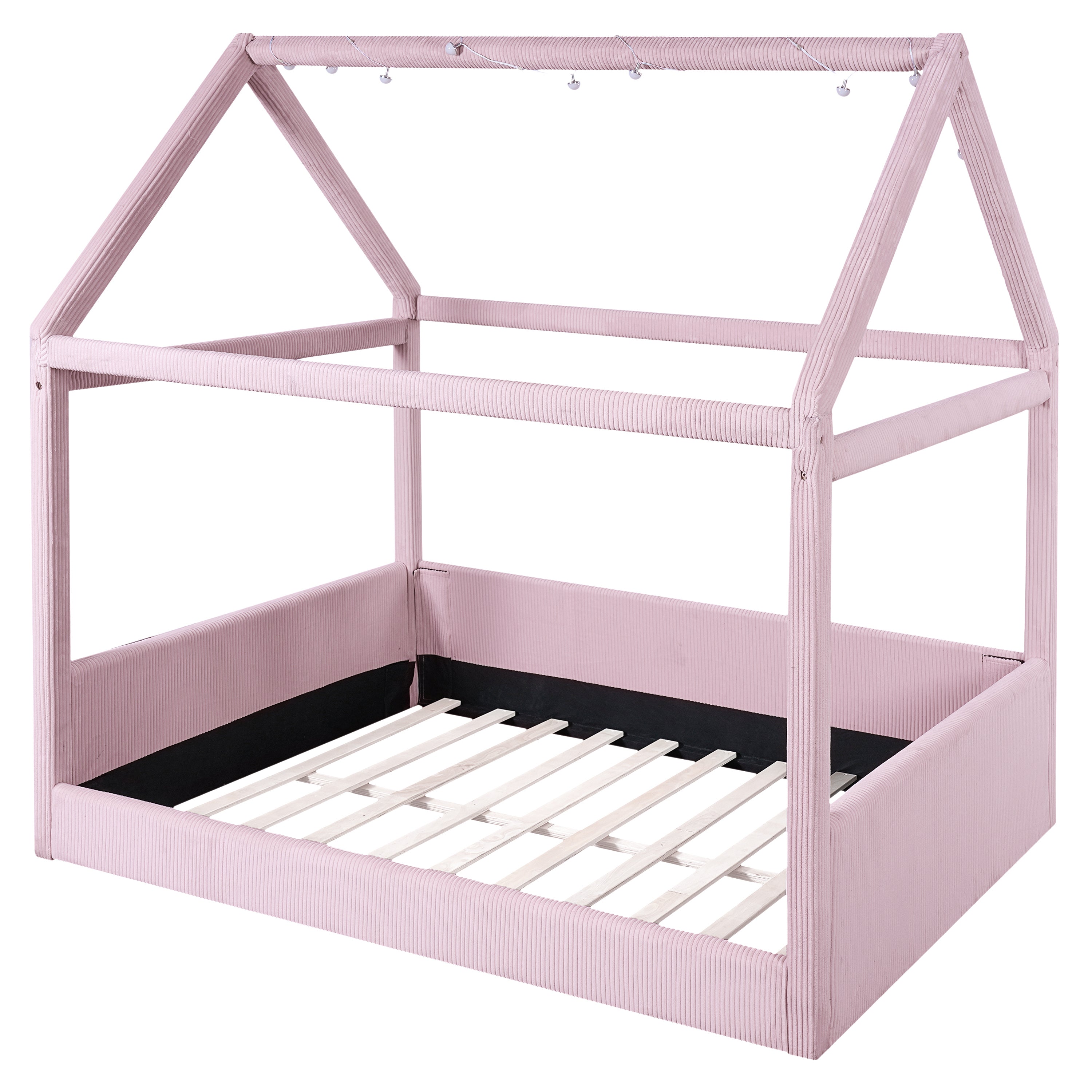 Pink House-Style Upholstered Full Size Daybed with LED Light Strips, Corduroy Fabric and Solid Wood Frame