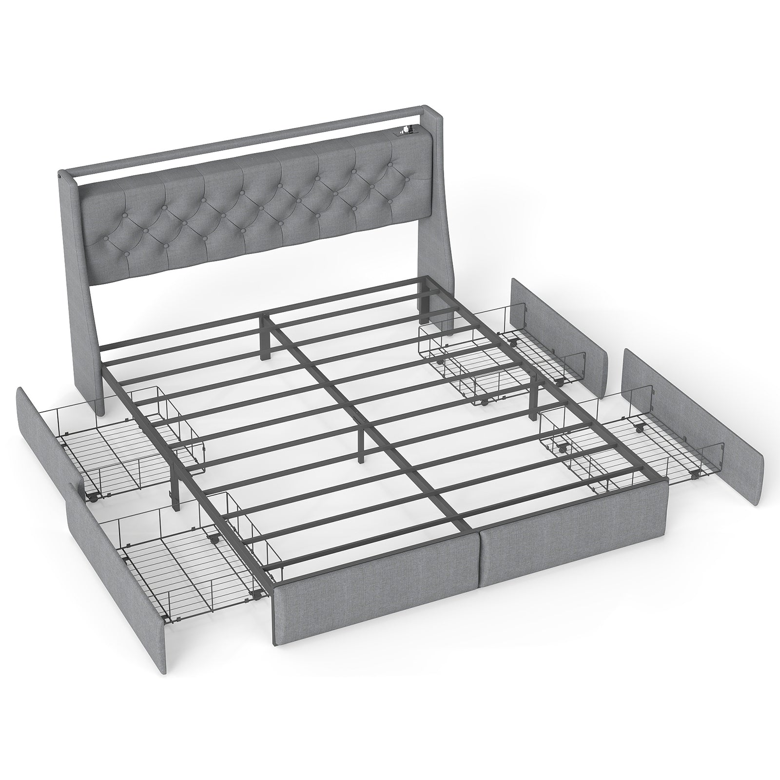 Grey Upholstered Queen Size Platform Bed Frame with RGB LED Lights, Charging Station, Storage Headboard & 4 Underbed Drawers, Metal Frame, Noise-Free, No Box Spring Needed