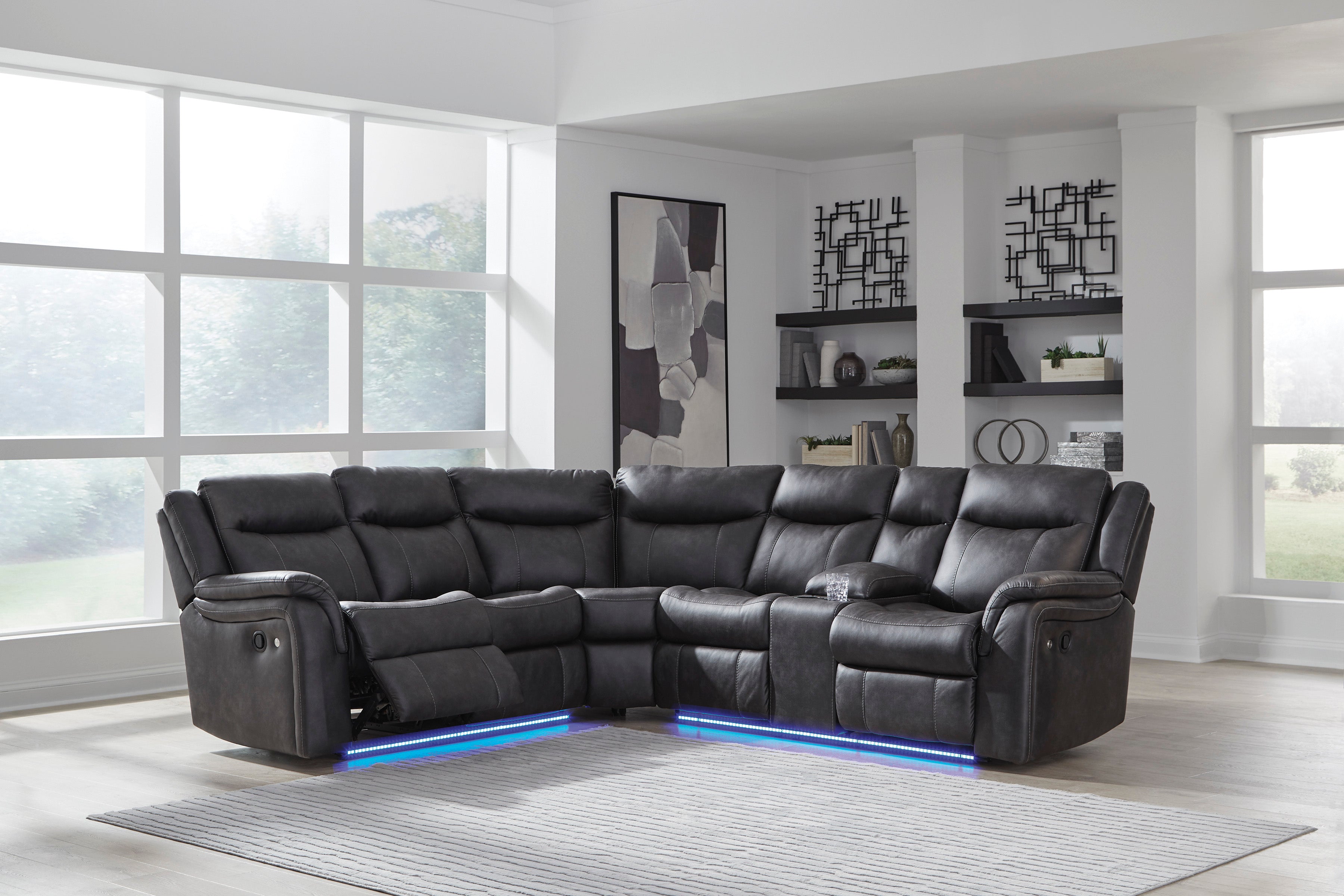 Ashley Sultan Meadow Carbon Faux Leather Reclining Sectional with LED Lights