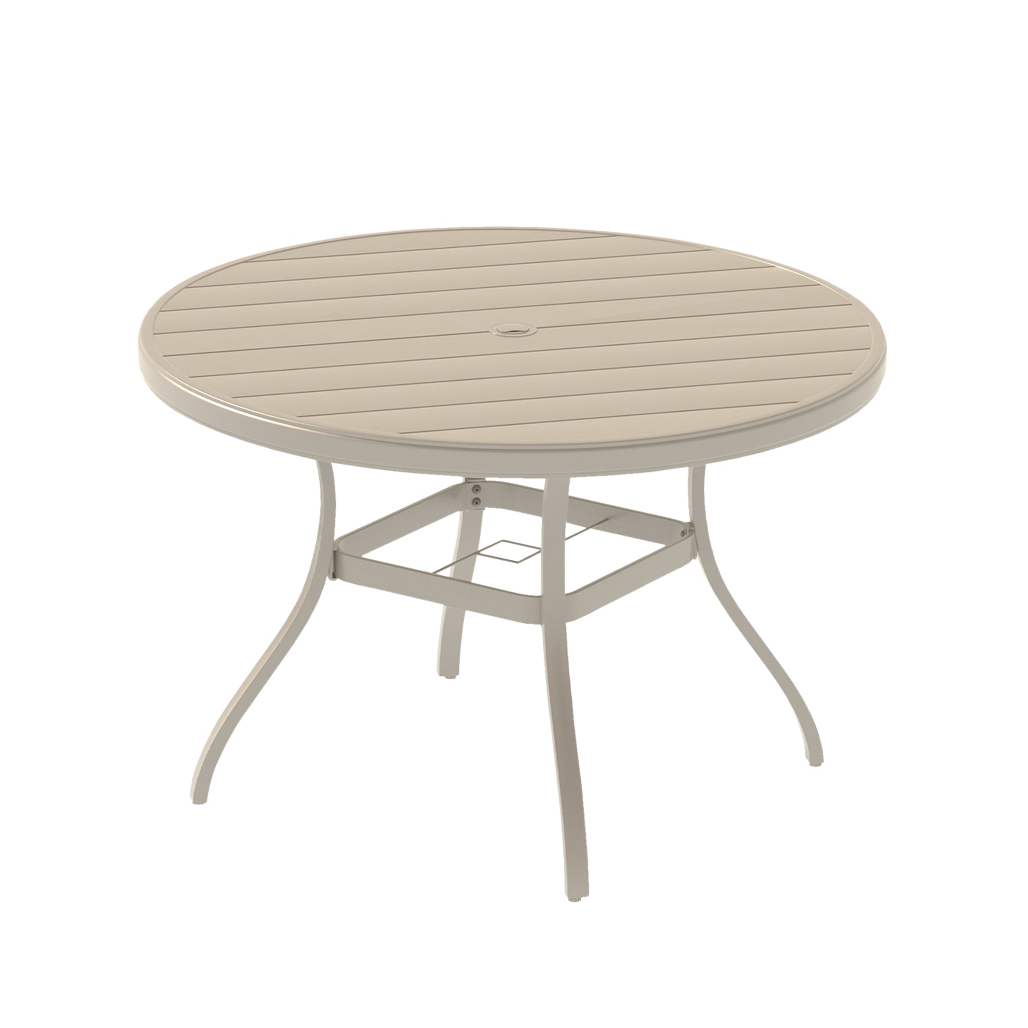 VRSHWO'Outdoor Round Patio Dining Table for 4-6, All Weather Metal Dining Table with Umbrella Hole for Deck Lawn Garden Backyard, Sandstone Color
