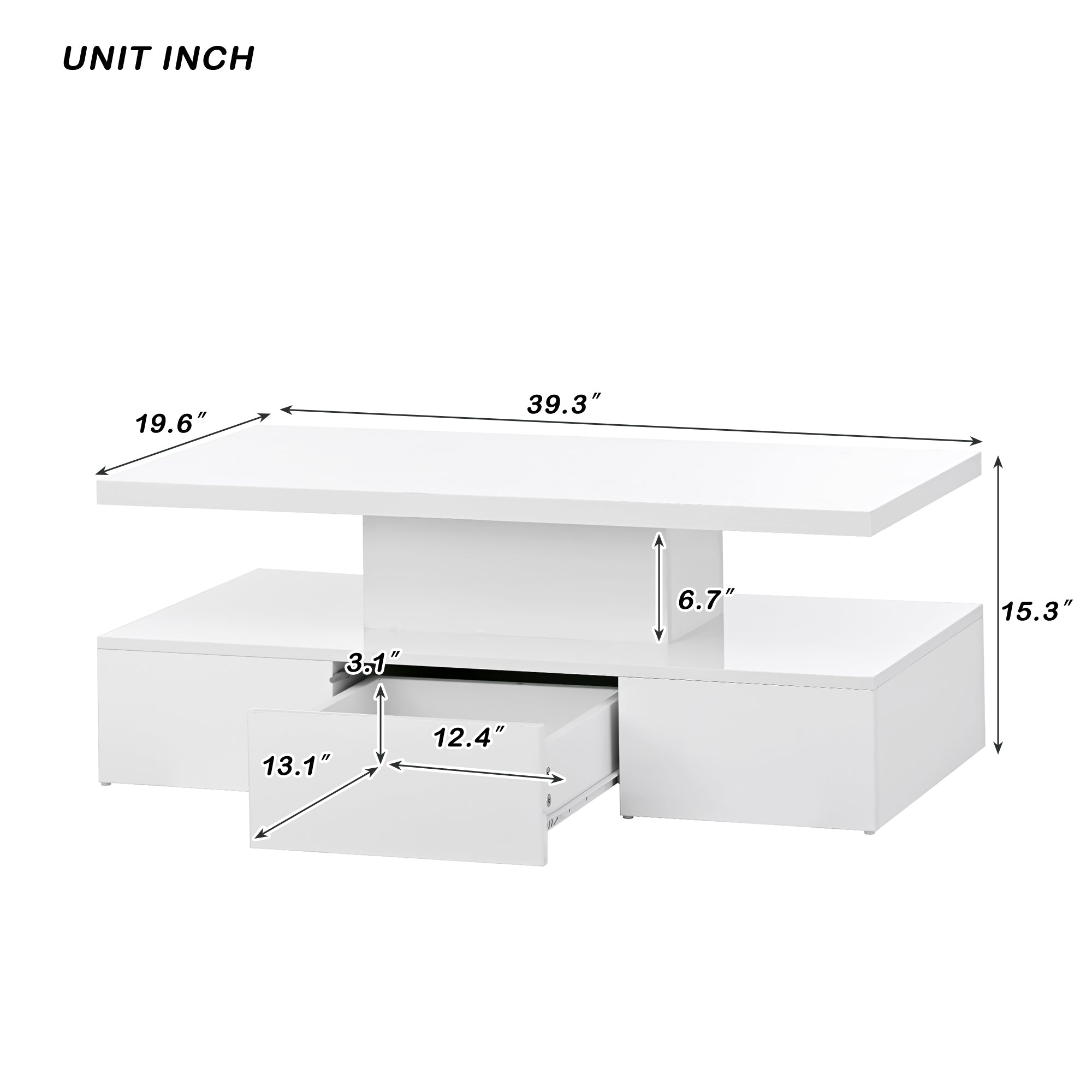 ON-TREND Modern Glossy Coffee Table With Drawer, 2-Tier Rectangle Center Table with LED lighting for Living room, 39.3''x19.6''x15.3'', White
