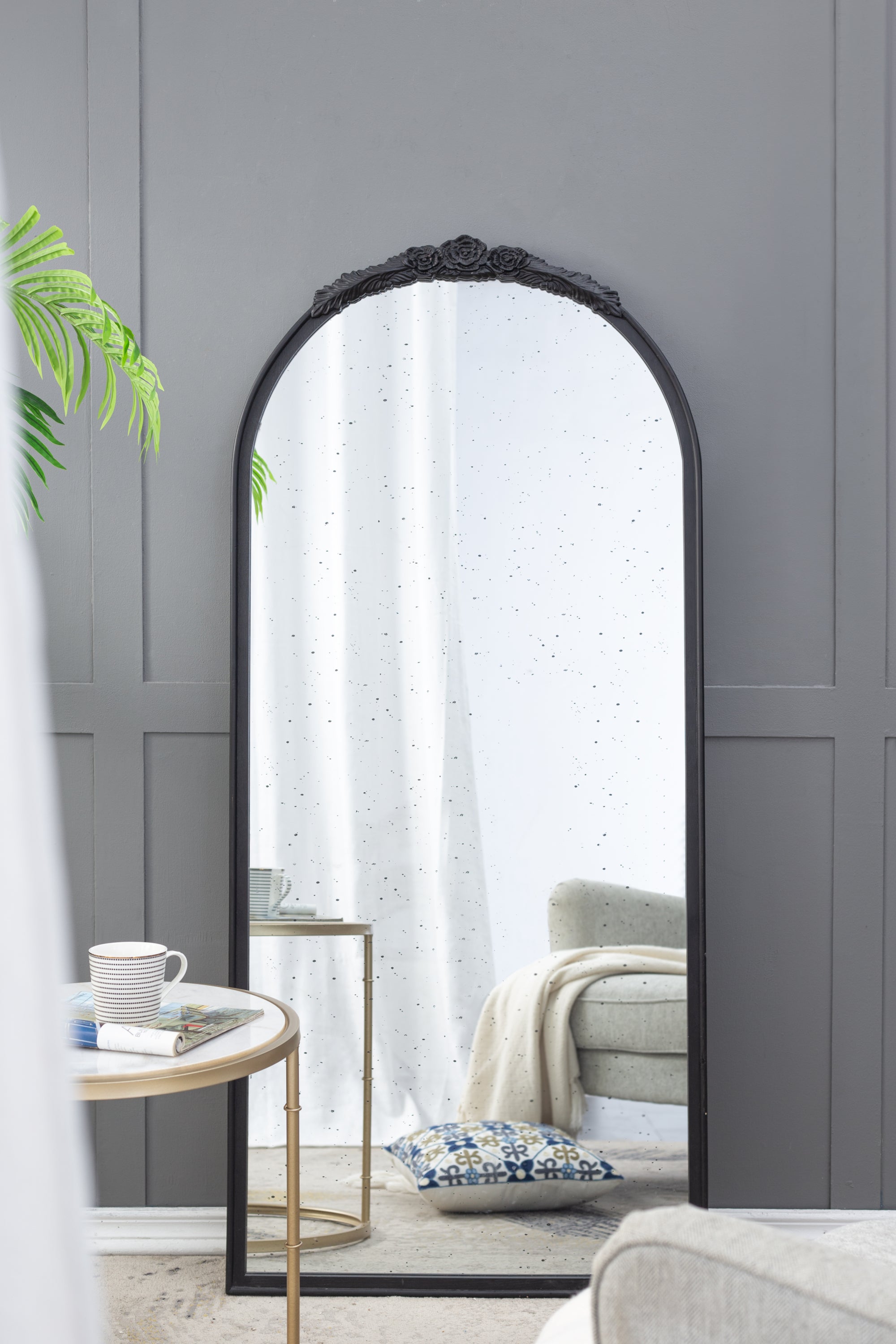 30" x 65"  Hand Carved Rose Antique Mirror Frame, Large Arch Mirror Wall Decor for Living Room, Bathroom, Entryway(Black)