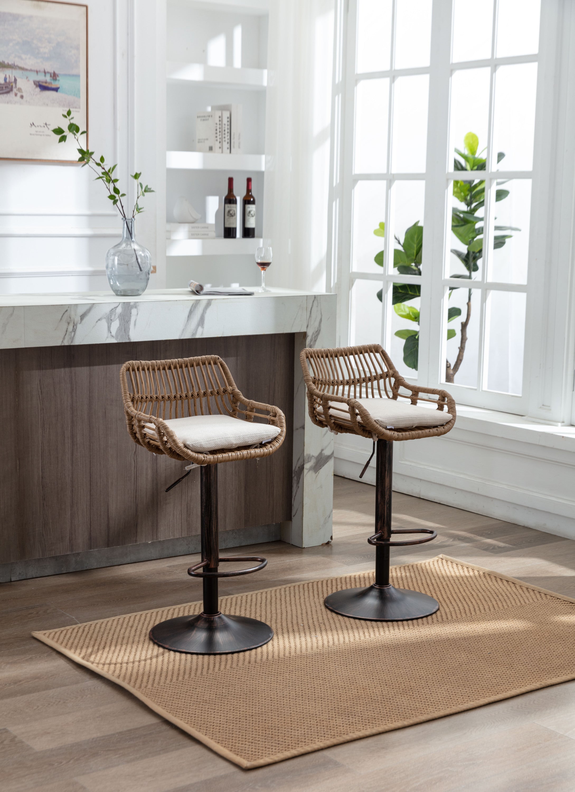 COOLMORE Modern Swivel Bar Stools Set of 2 with Adjustable Counter Height and Footrest in Beige Linen