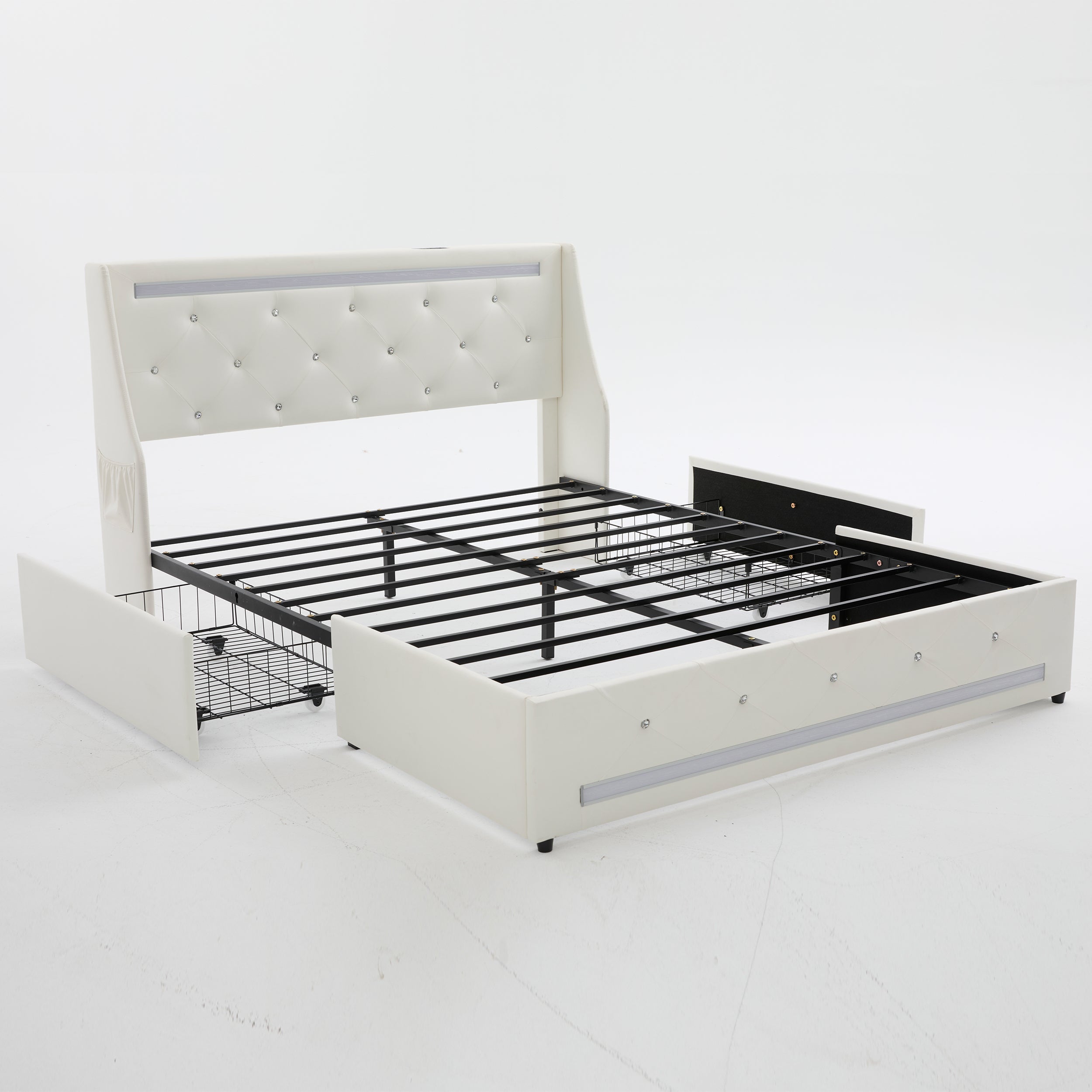 White Queen Size Bed Frame with Wingback Upholstered Diamond Headboard, 2 Storage Drawers, LED Lights, Charging Station, Metal Slats, Noise-Free, Easy Assembly, No Box Spring Needed