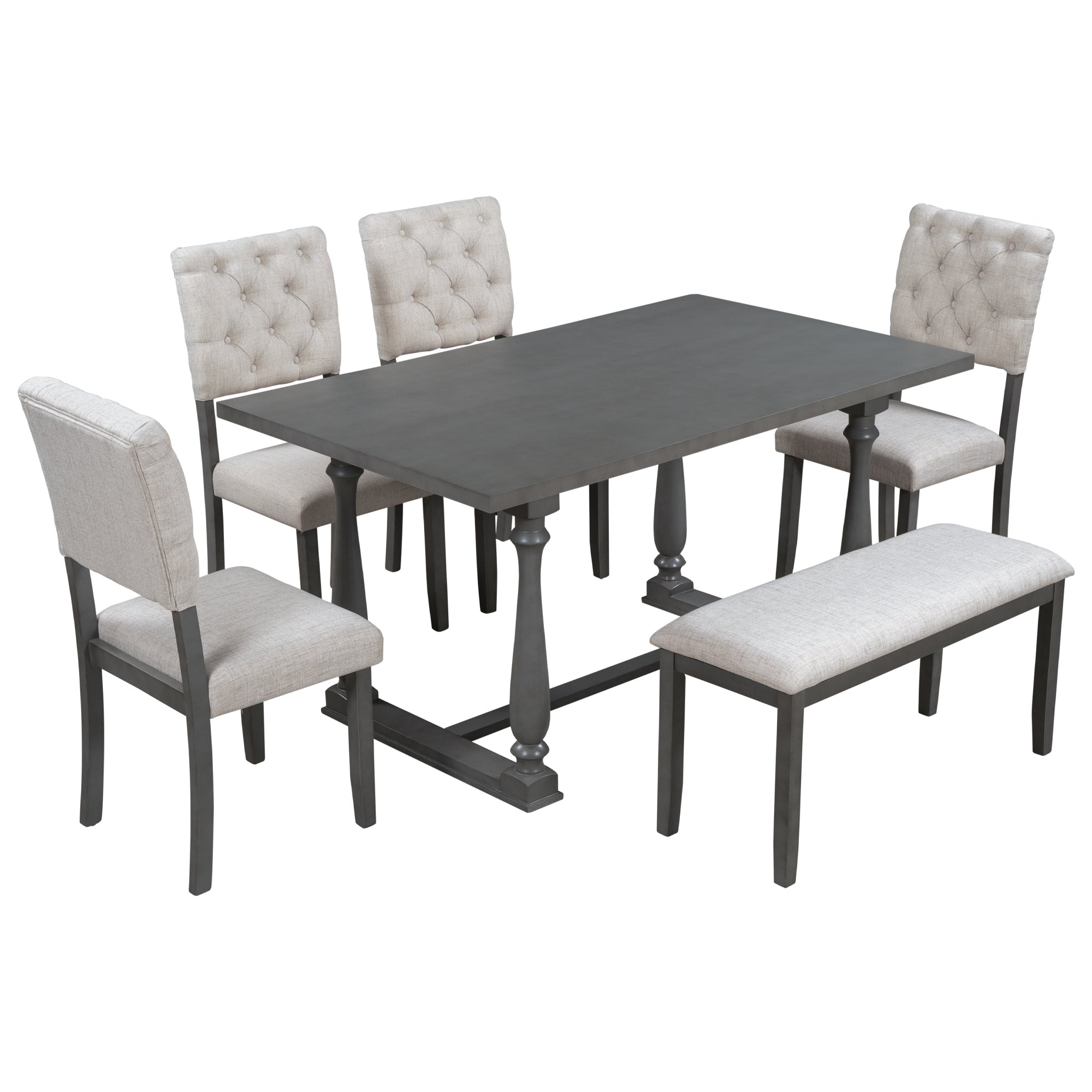 TREXM Retro-Style 6-Piece Dining Set with Special-Shaped Legs and Foam-Covered Seat Backs & Cushions in Gray Solid Wood