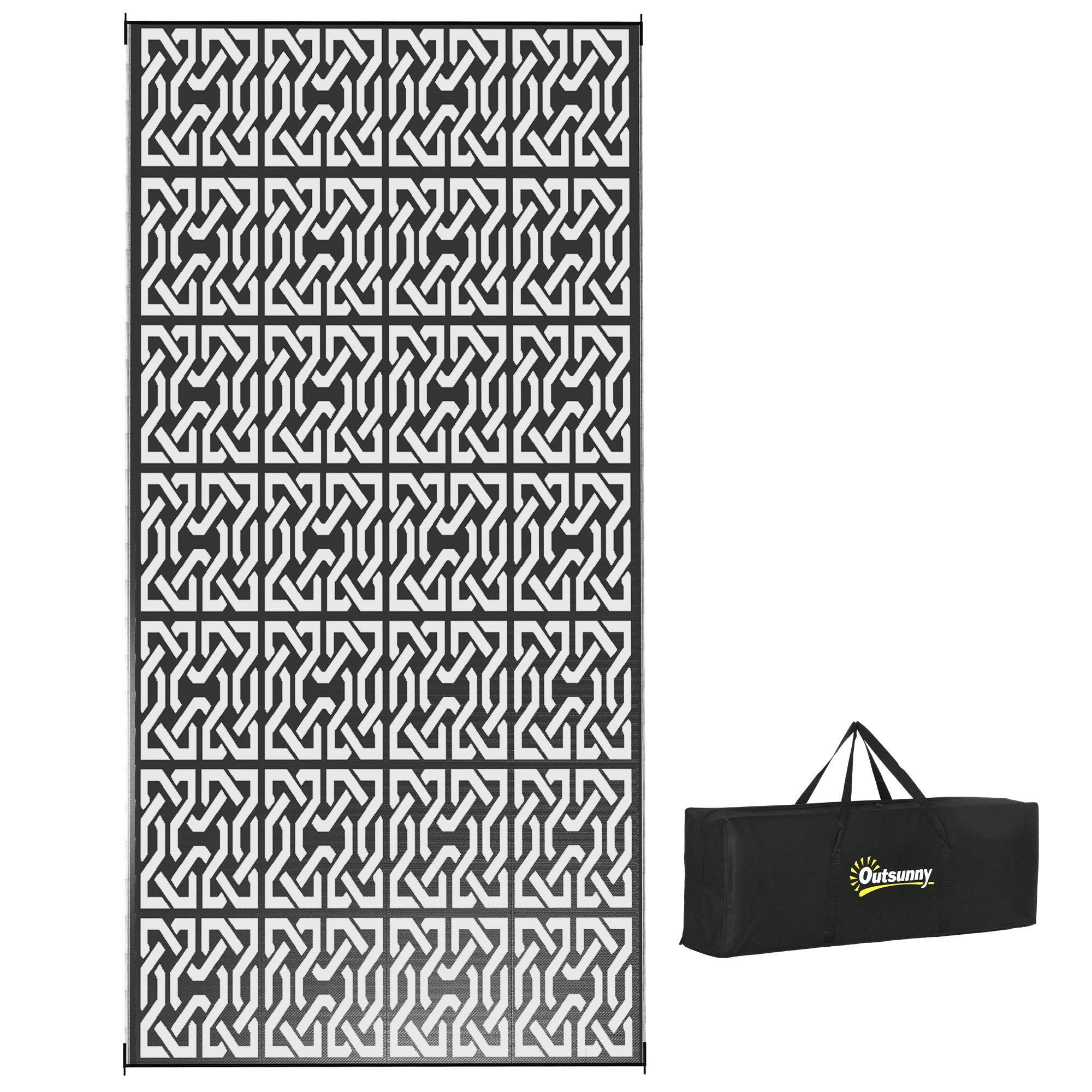 Outsunny Reversible Outdoor Rug, 9' x 18' Waterproof Plastic Straw Floor Mat, Portable RV Camping Carpet with Carry Bag, Large Floor Mat for Backyard, Deck, Picnic, Beach, Black & White Chain