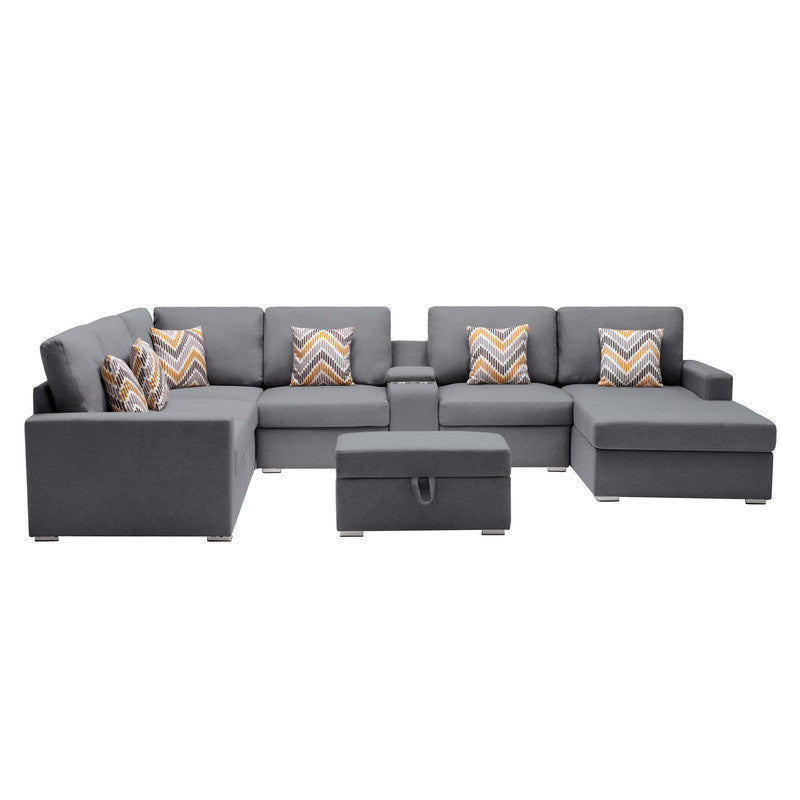 Nolan Gray Linen Fabric 8Pc Reversible Chaise Sectional Sofa with Interchangeable Legs, Pillows, Storage Ottoman, and a USB, Charging Ports, Cupholders, Storage Console Table