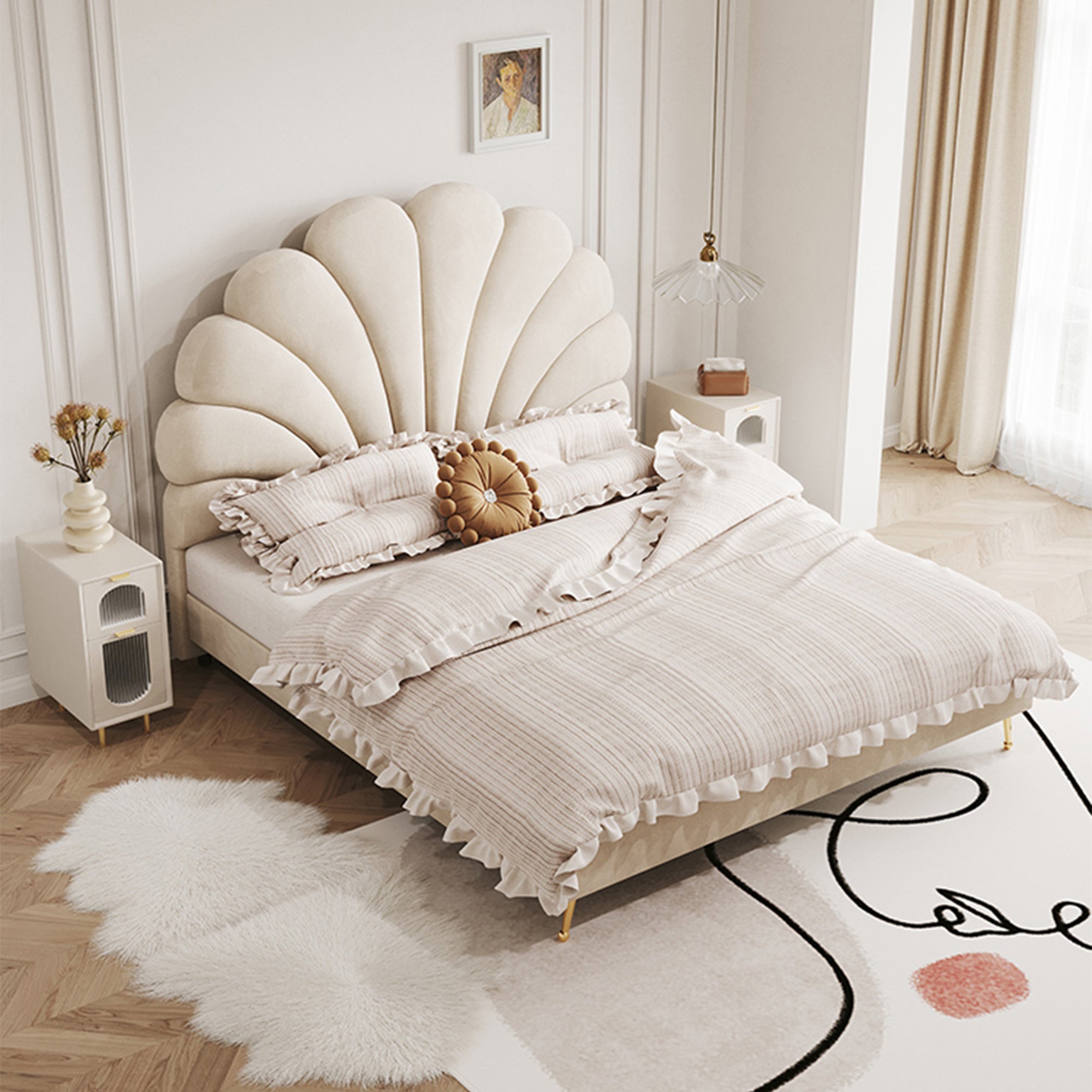 Modern Upholstered Leather Bed Frame with Petal shaped Headboard, Heavy Duty Platform Bed with Wood Slat Support