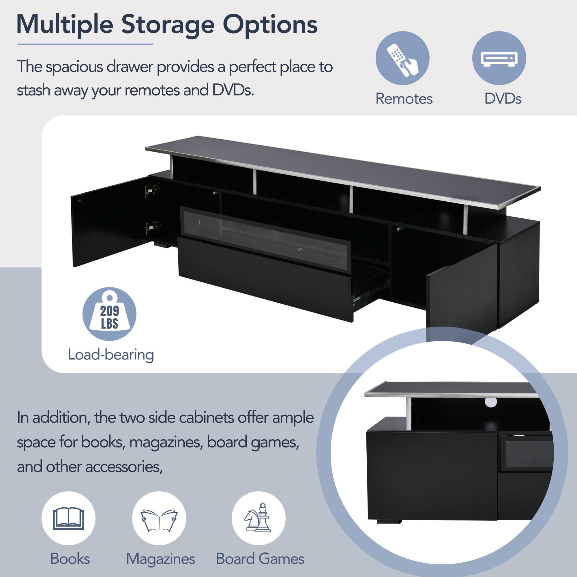 ON-TREND Modern TV Stand with Push to Open Doors, UV High-Gloss Entertainment Center with Acrylic Board for TVs Up to 80", Stylish TV Cabinet with LED Color Changing Lights for Living Room, Black