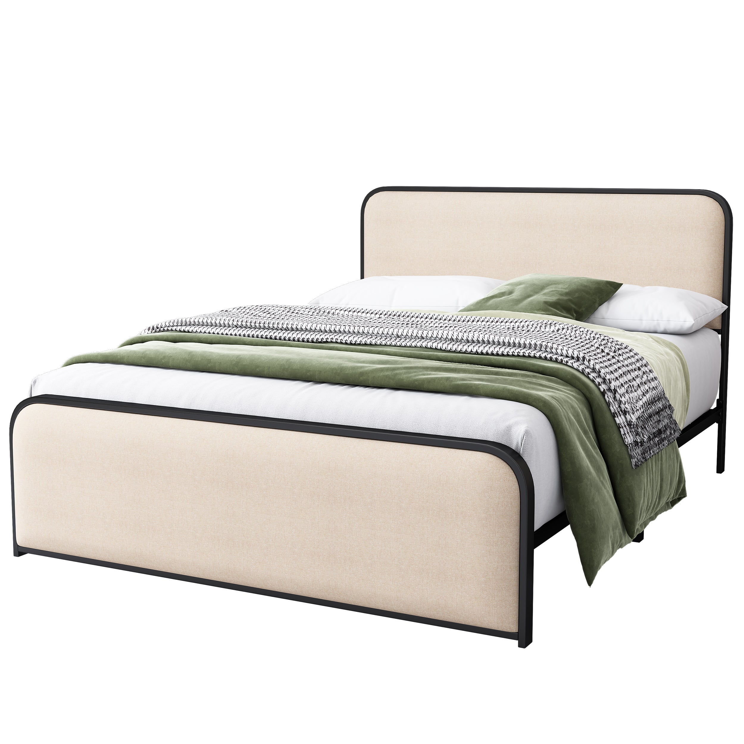 Modern Metal Bed Frame with Curved Upholstered Headboard and Footboard, Under Bed Storage, Heavy Duty Metal Slats, Queen Size, Beige