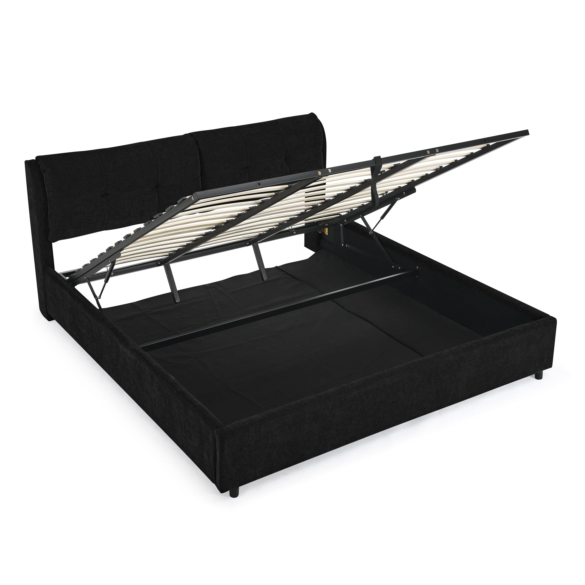 King Size Upholstered Hydraulic Platform Bed with Integrated Headboard, Black Chenille Fabric, Storage and Metal Frame
