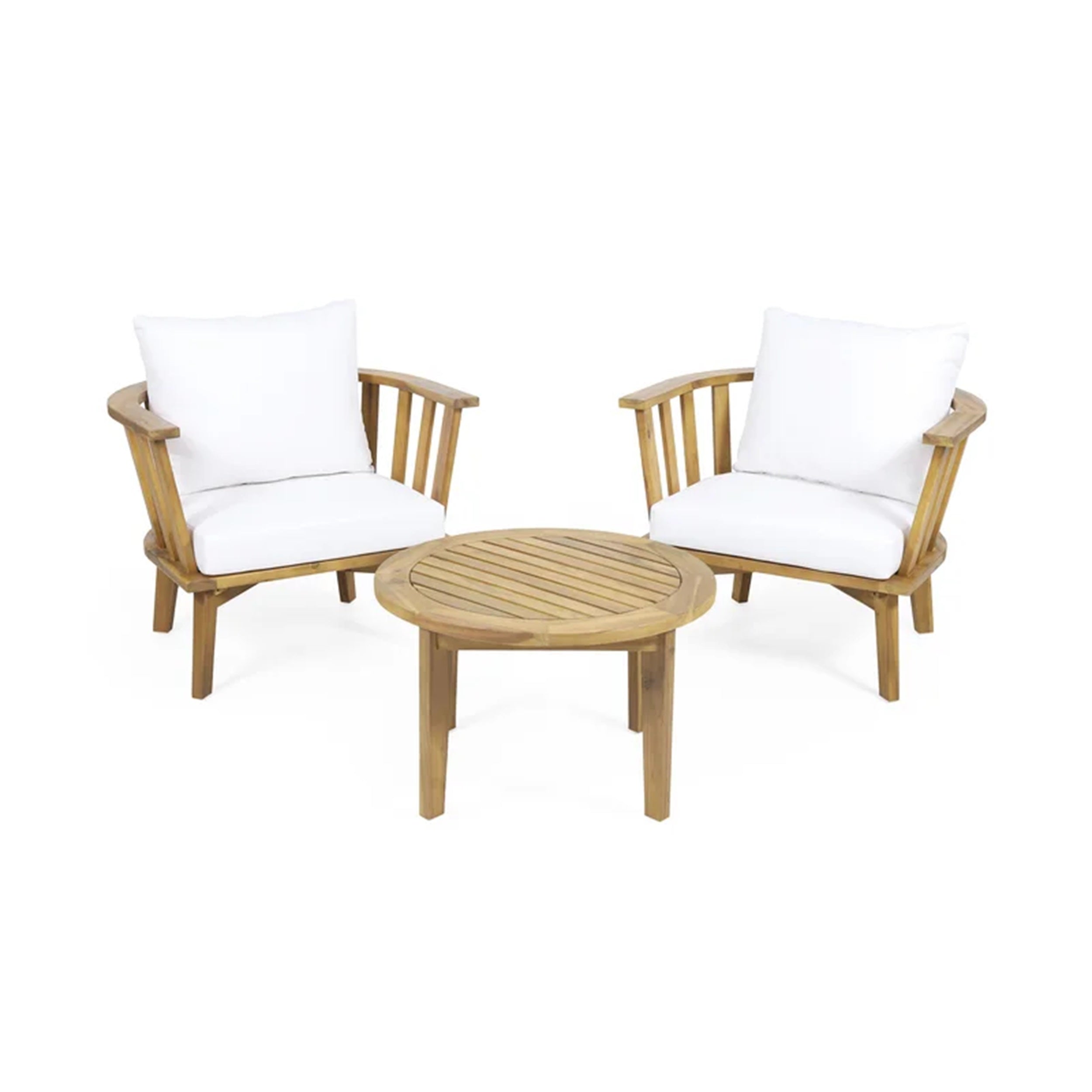 3-Piece Patio Furniture Set, Outdoor Acacia Wood Patio Club Chair with Table, Wooden Patio Furniture,Waterproof Thick Cushion Deep Seating for Porch, Garden, Backyard, Balcony, Teak Finish, White