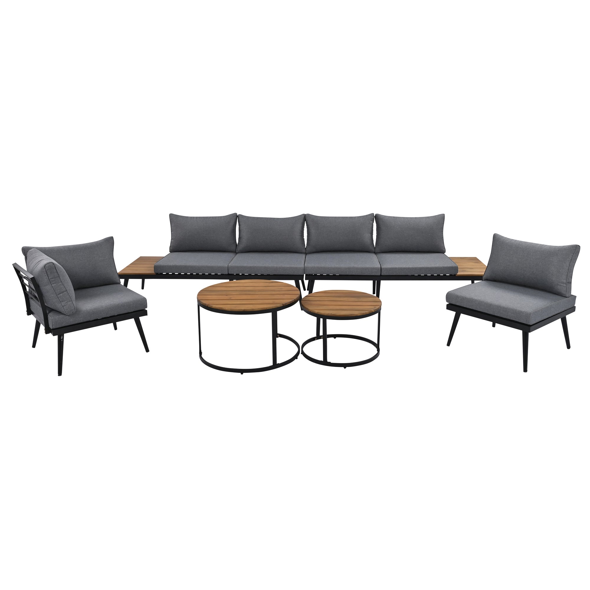 TREXM Modern Outdoor Sectional Sofa Set with Nesting Coffee Tables, Grey Fabric Upholstery and Acacia Wood Frames for Patio, Porch, Garden