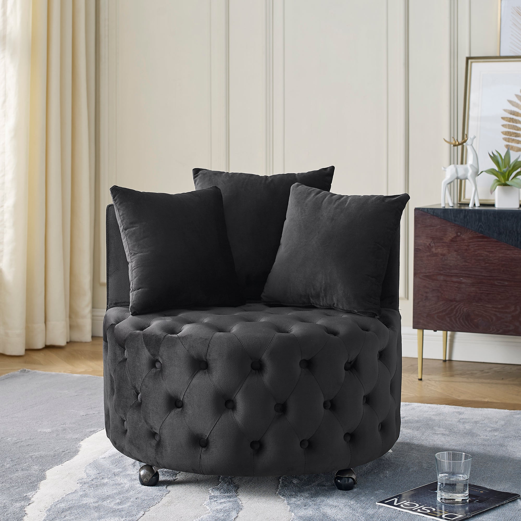 Modern Velvet Upholstered Swivel Chair with Button Tufted Design, Movable Wheels, 3 Pillows, Black