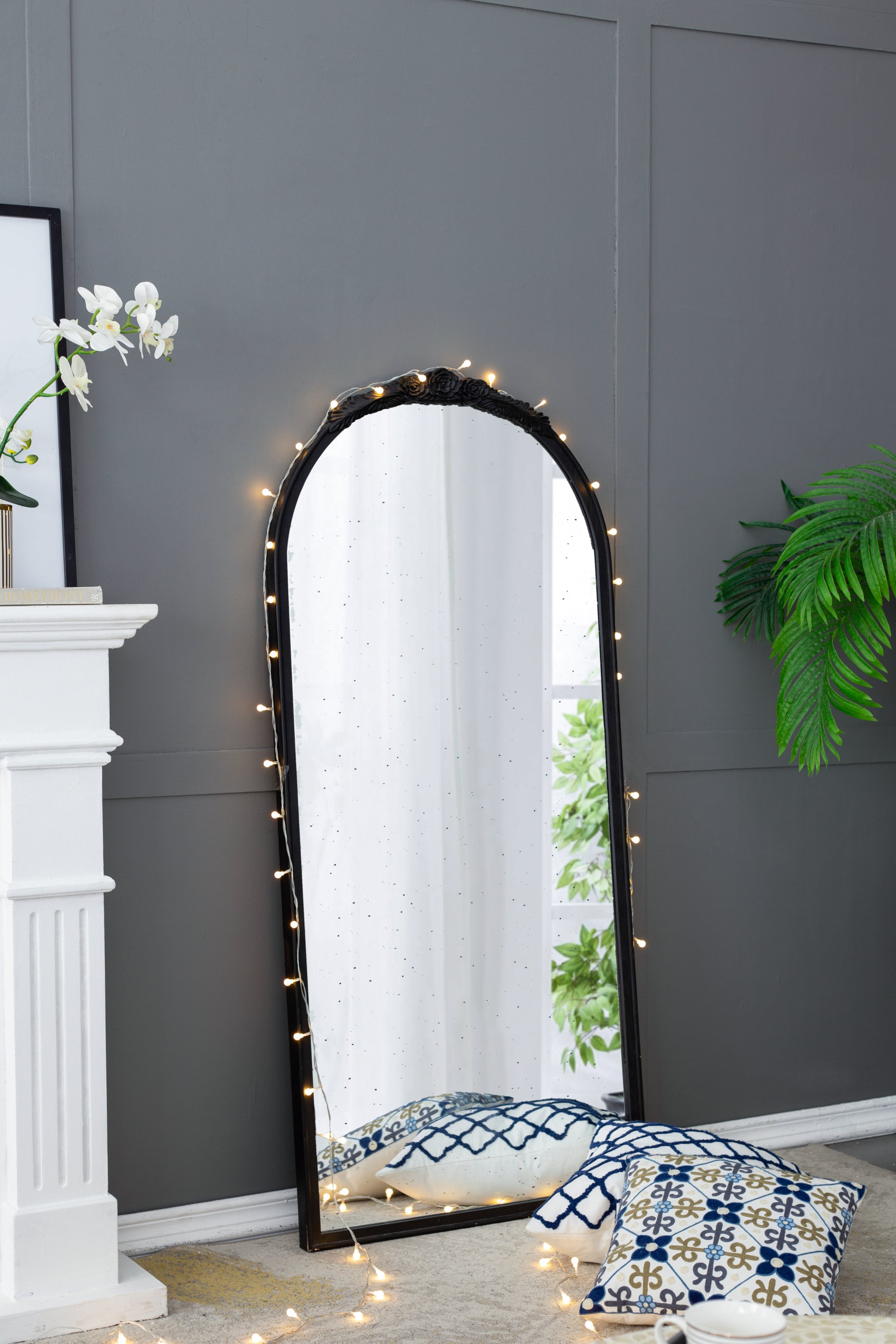 30" x 65"  Hand Carved Rose Antique Mirror Frame, Large Arch Mirror Wall Decor for Living Room, Bathroom, Entryway(Black)