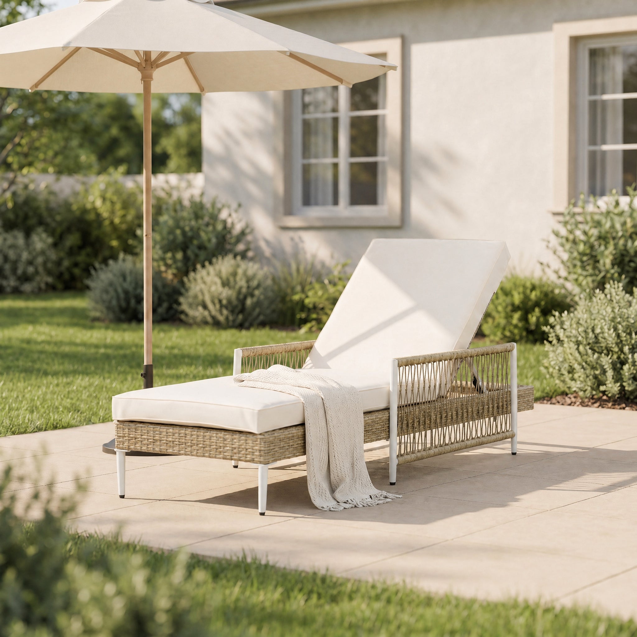 TOPMAX Outdoor All-Weather PE Rattan Chaise Lounge, Minimalist Patio Wicker Lounge Chair with 6 Gear Adjustable Recliner, Arms and Cushion for Poolside, Deck, Beige