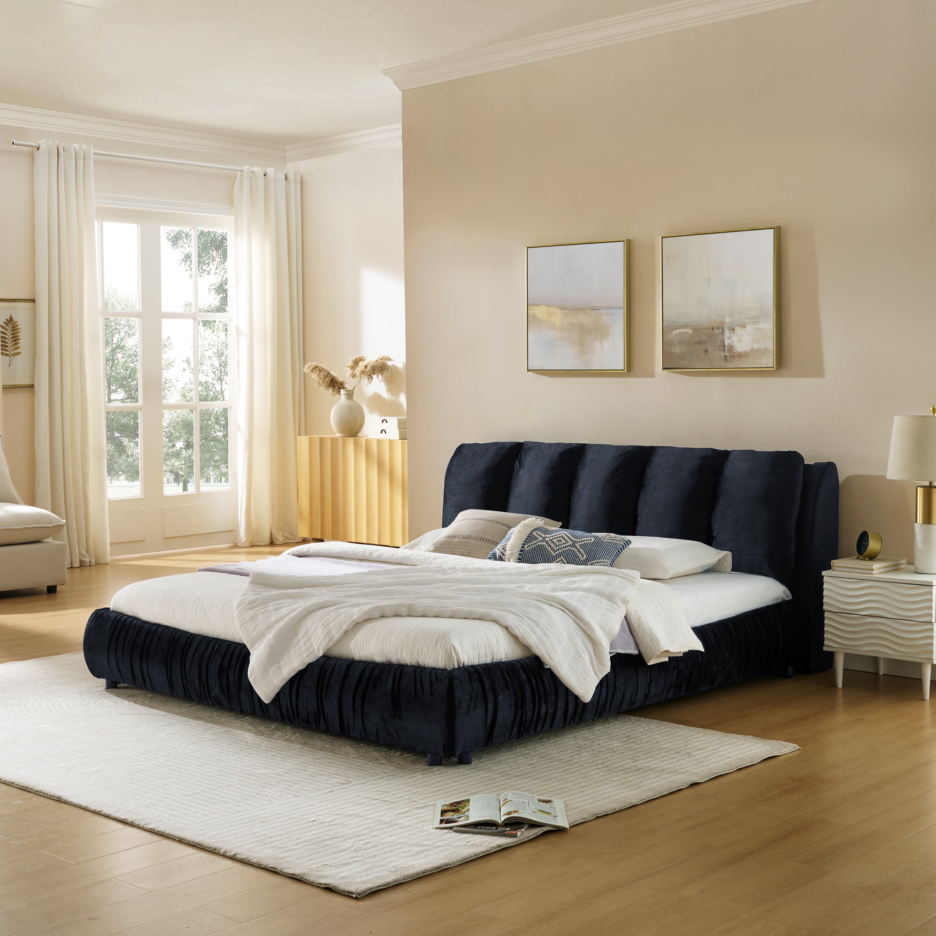 King Size Upholstered Bed Frame, Modern Minimalist Style with Segmented Plump Compressed Sponge Headboard, Shiny velvet & Sturdy Leg Support, Mattress Not Included-Black