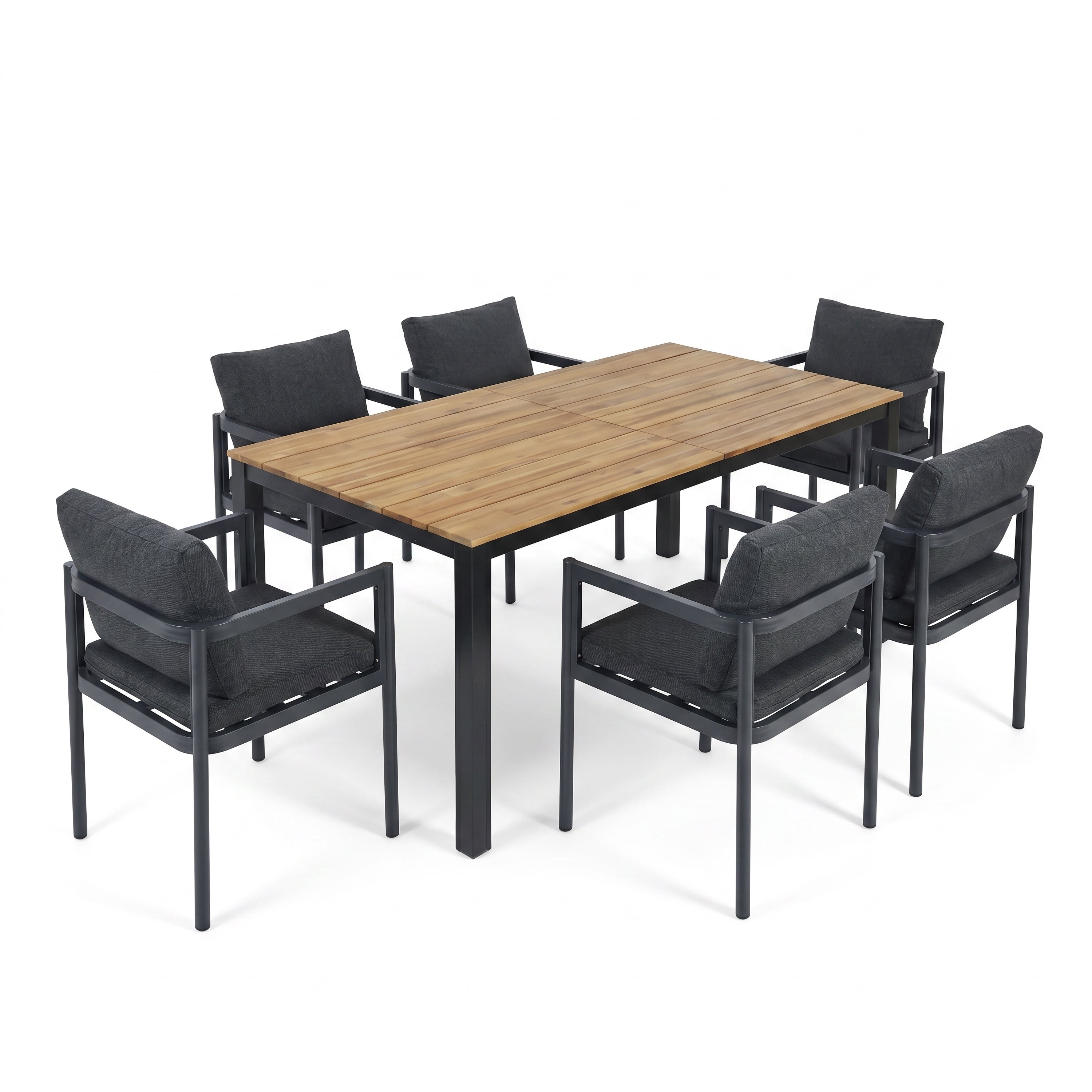 7-Piece Outdoor Dining Set with Acacia Wood Table and 6 Grey Aluminum Chairs, Weather-Resistant Patio Furniture in Grey and Teak Finish