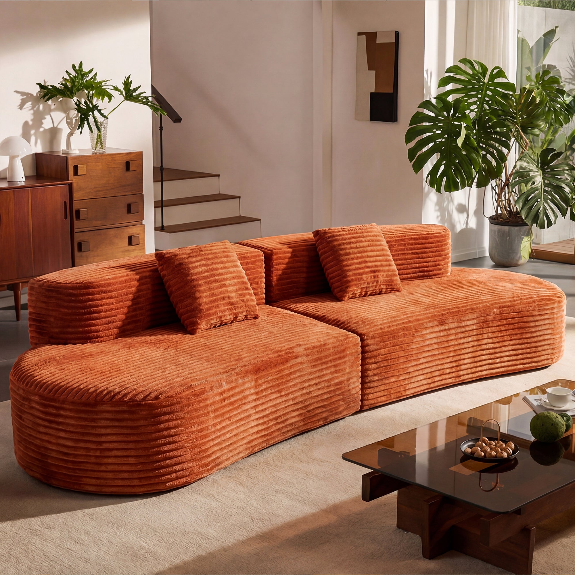 108.6-inch curved combination sofa with a modern cloud pattern design, made without a frame using compression technology, comes with two pillows and is ideal for living rooms or offices.
