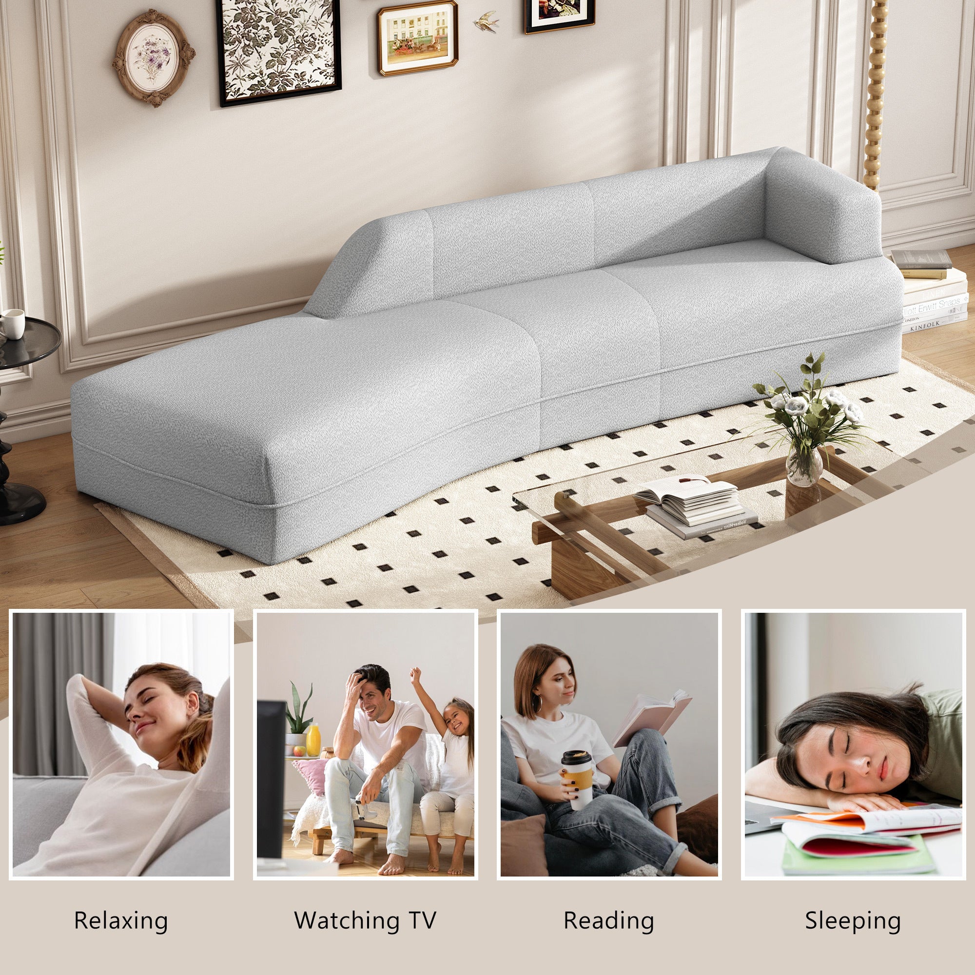 109.4" Grey Curved Chaise Lounge