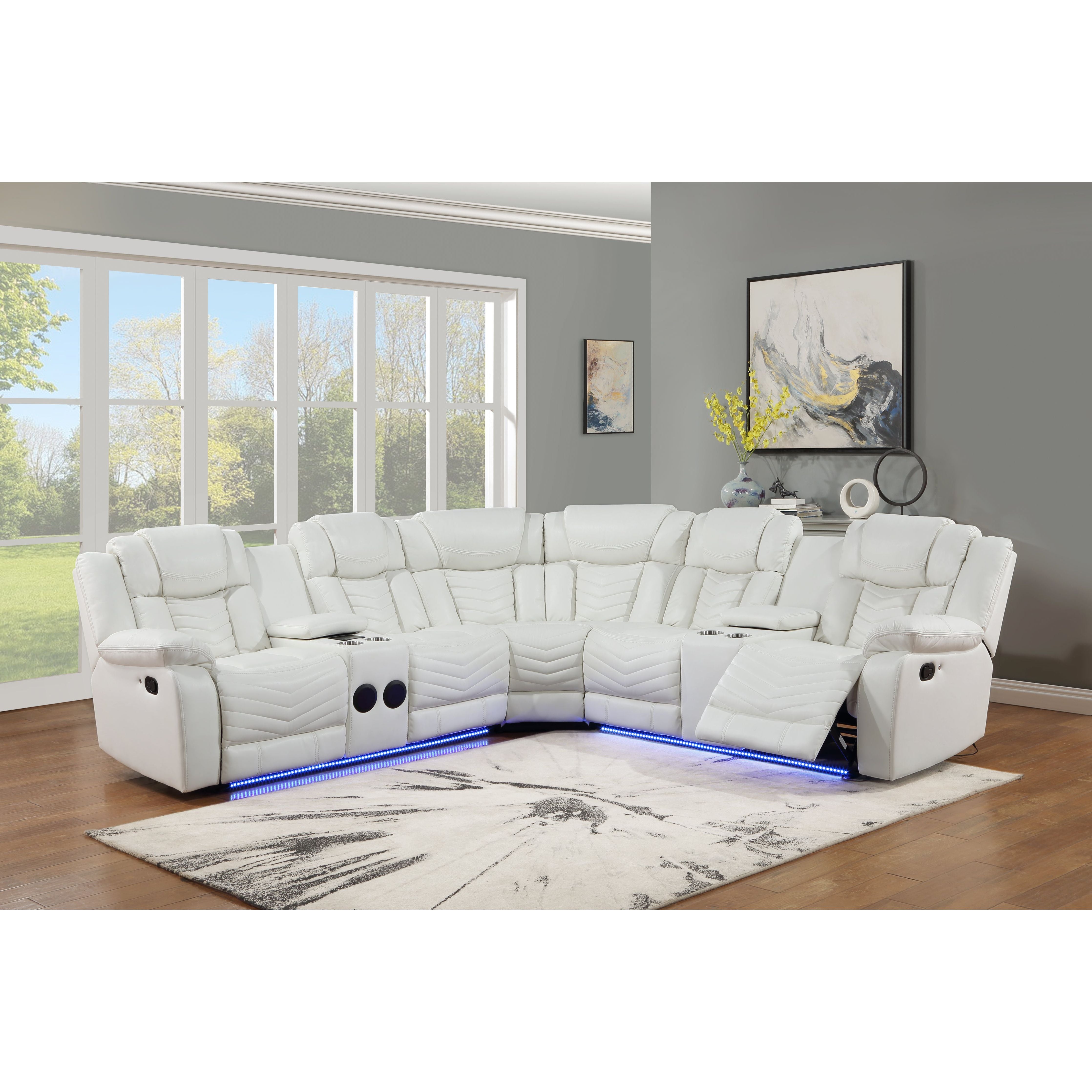 Lucky Charm White Reclining Sectional with LED Lights