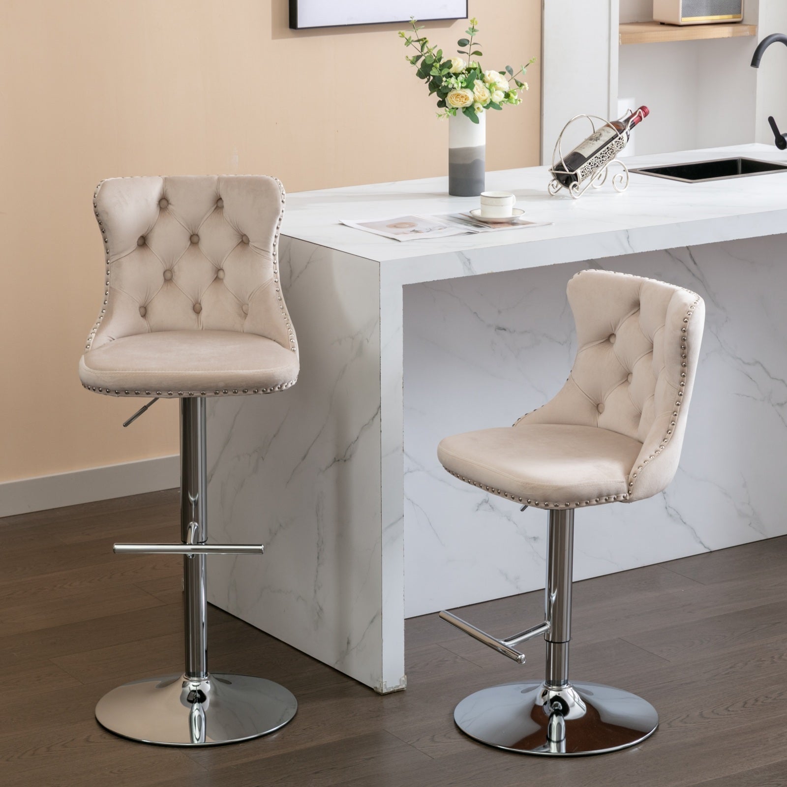 Modern Velvet Swivel Barstools with Adjustable Height, Chrome Base, Beige, Set of 2