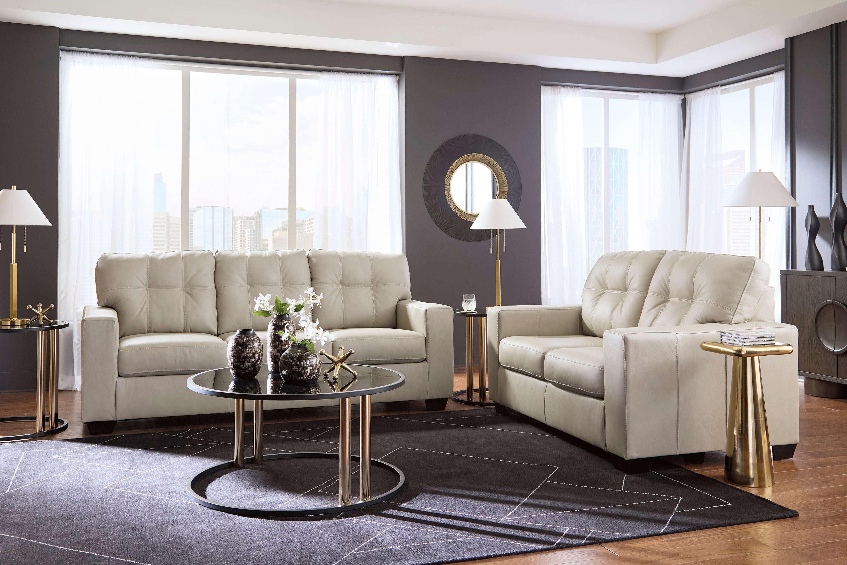 Ashley Santorine Bone Leather and Faux Leather Sofa and Loveseat Set