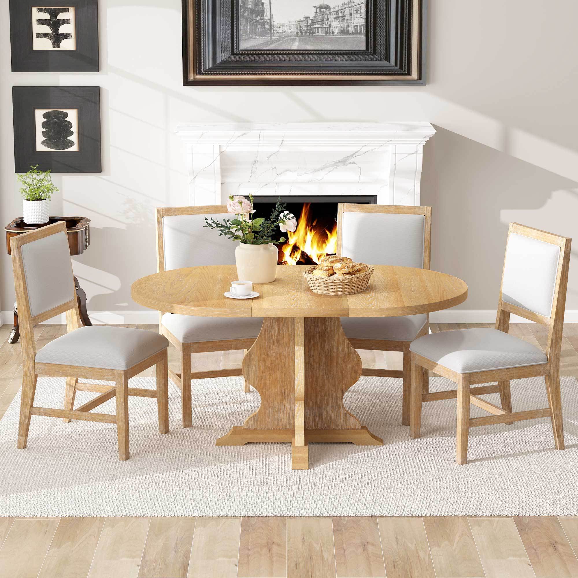 TREXM Farmhouse 5-Piece Dining Table Set with 4 Upholstered Chairs, Wood Extendable Dining Table with 15.7' Leaf for Extra Seating for Dining Room, Kitchen and Living Room (Natural Wood Wash)